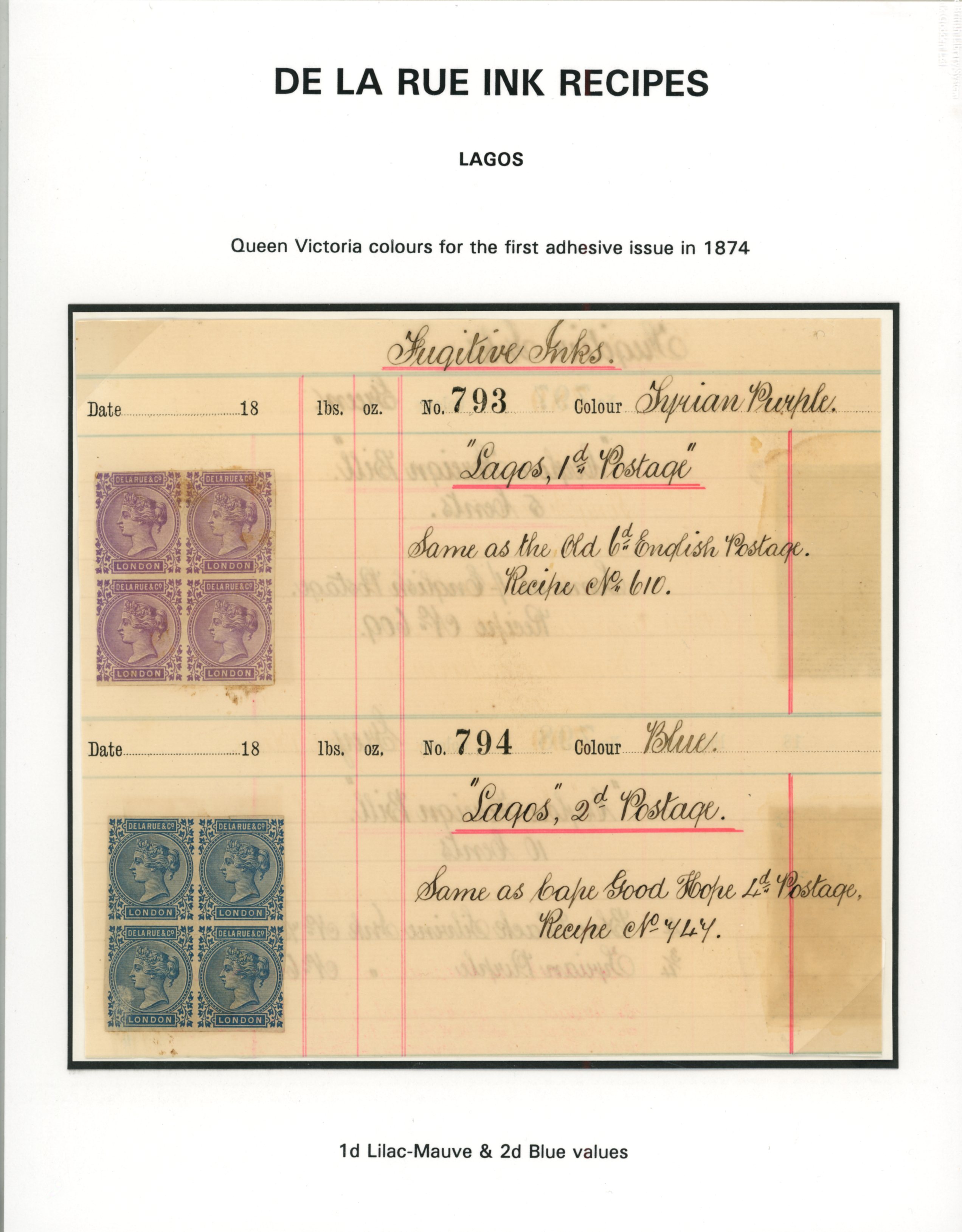 Lagos 1874 De La Rue ink recipes for the 1d lilac-mauve and 2d blue values for the first issue in blocks of four...