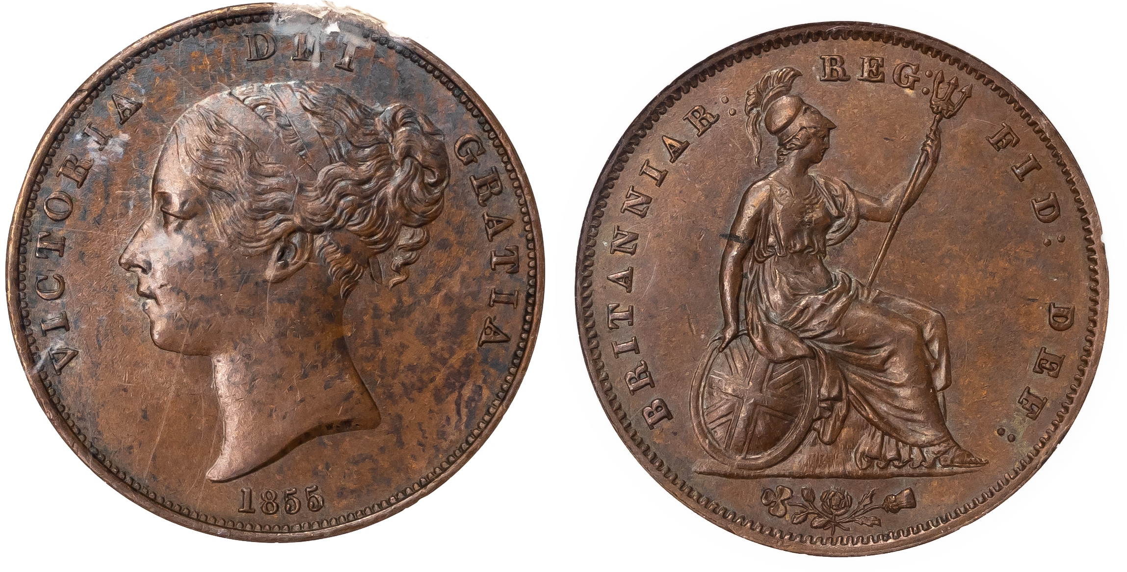Victoria (1837-1901), Penny, 1855, Far Colon, ANACS as MS63BN.