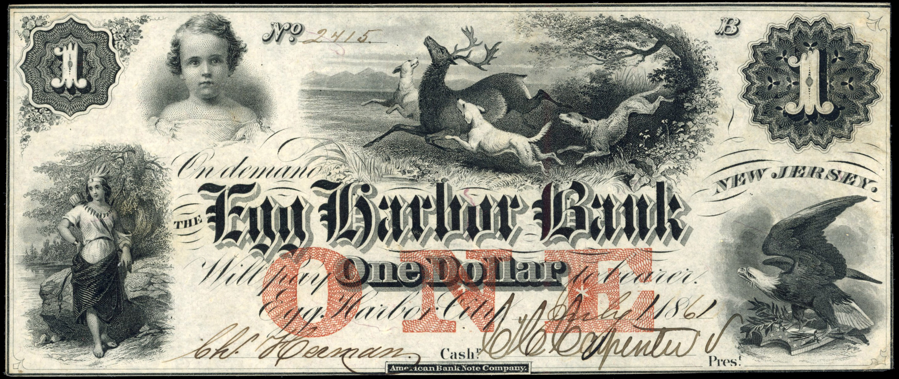 USA NJ. Egg Harbor, Egg Harbor Bank One Dollar 1 July 1861, stag hunting scene vignette. About Extremely Fine.…