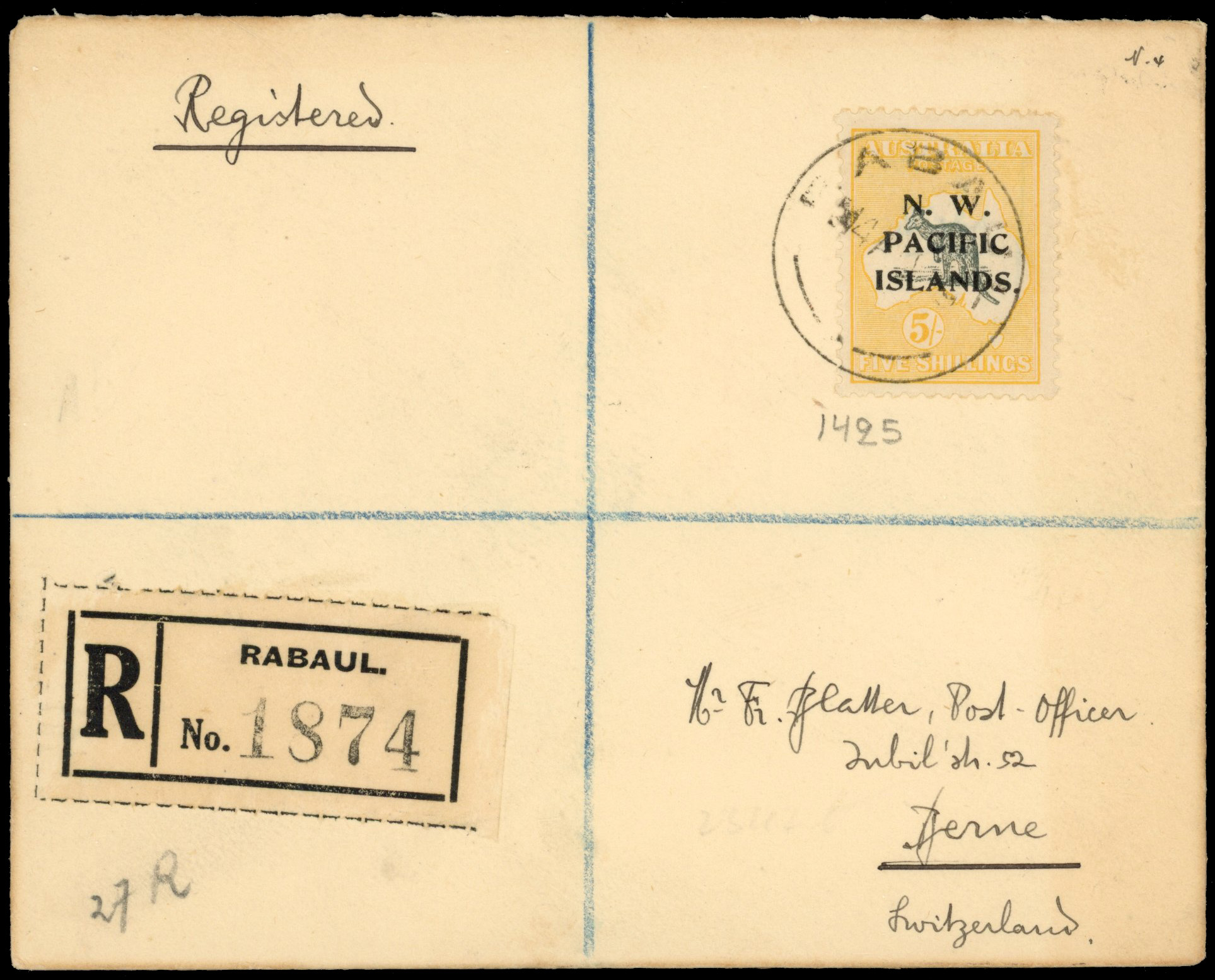 New Guinea SG 116 1919 5s on cover to Berne