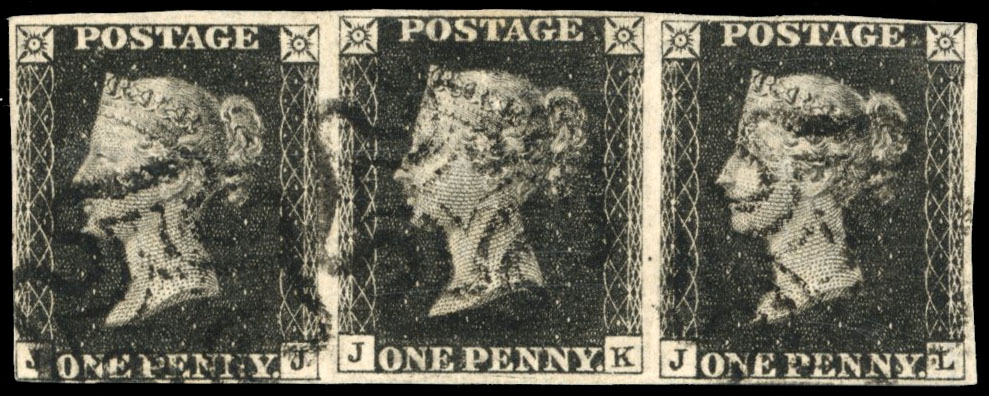 GB 1840 1d grey-black Plate 5 strip used