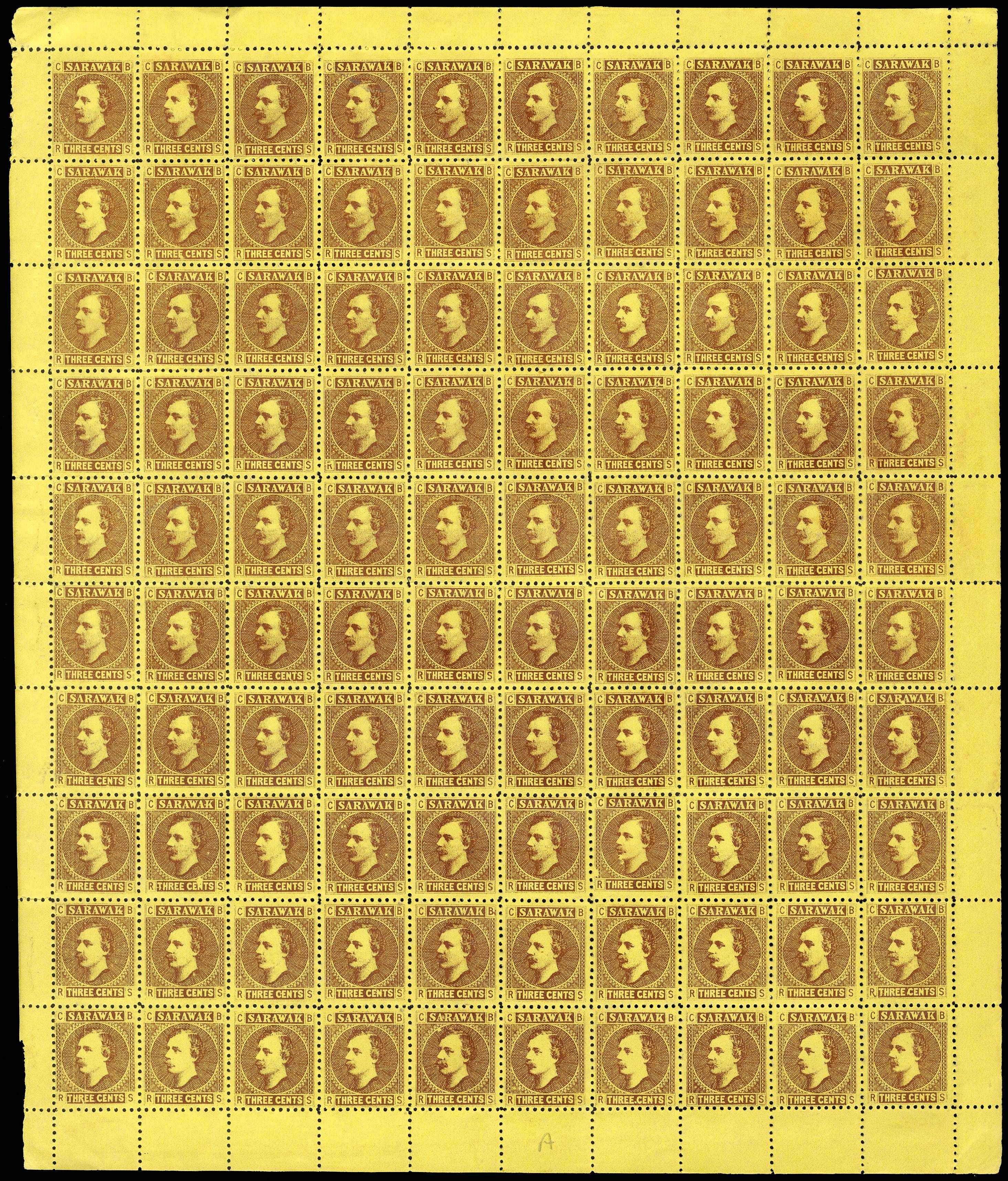 SARAWAK SG 2 1871 3c BROWN/YELLOW COMP SHEET UNUSED