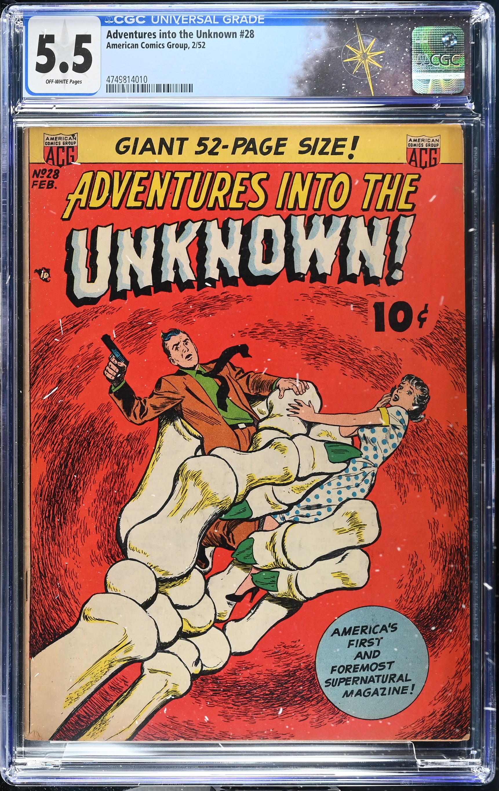 Adventures into the Unknown #28 CGC 5.5 Cover by Ken Bald (American Comics Group, 1952) Off-White Pages