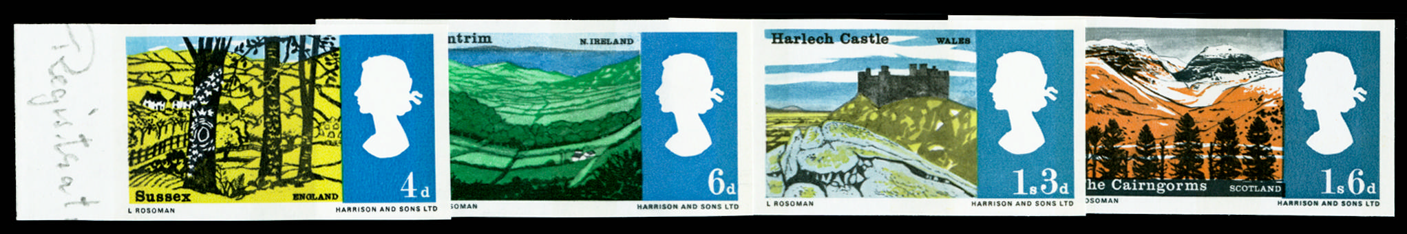 GB 1966 4d-1s6d Landscapes (Phosphor). Superb unmounted o.g. left hand marginal set of four imperforate… SG689/92pvar
