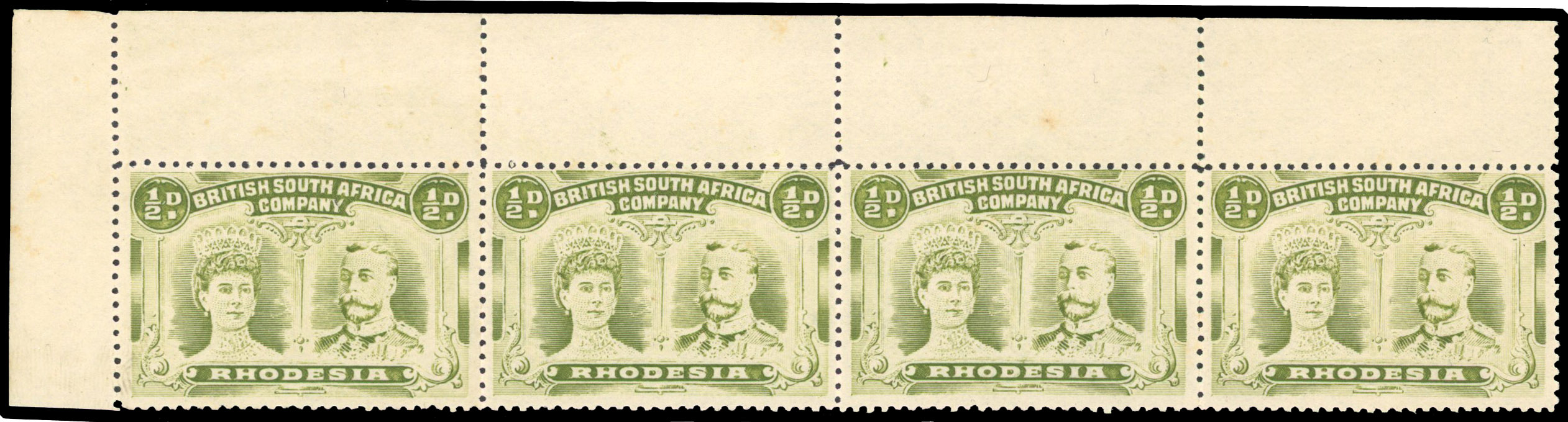 Rhodesia 1910-13 ½d olive-green perf 14 strip of 4 unmounted