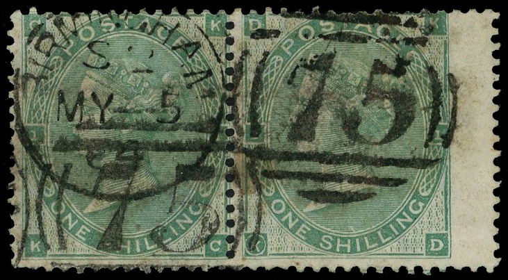 1862 1s Green Pl.2. Fine used horizontal pair lettered KC-KD cancelled by Birmingham ’75’ duplexes for MY.5.1864, Right …