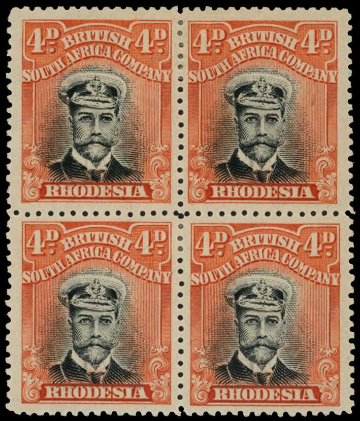 1913-7 4d Head Die II, perf 14. Mint block...