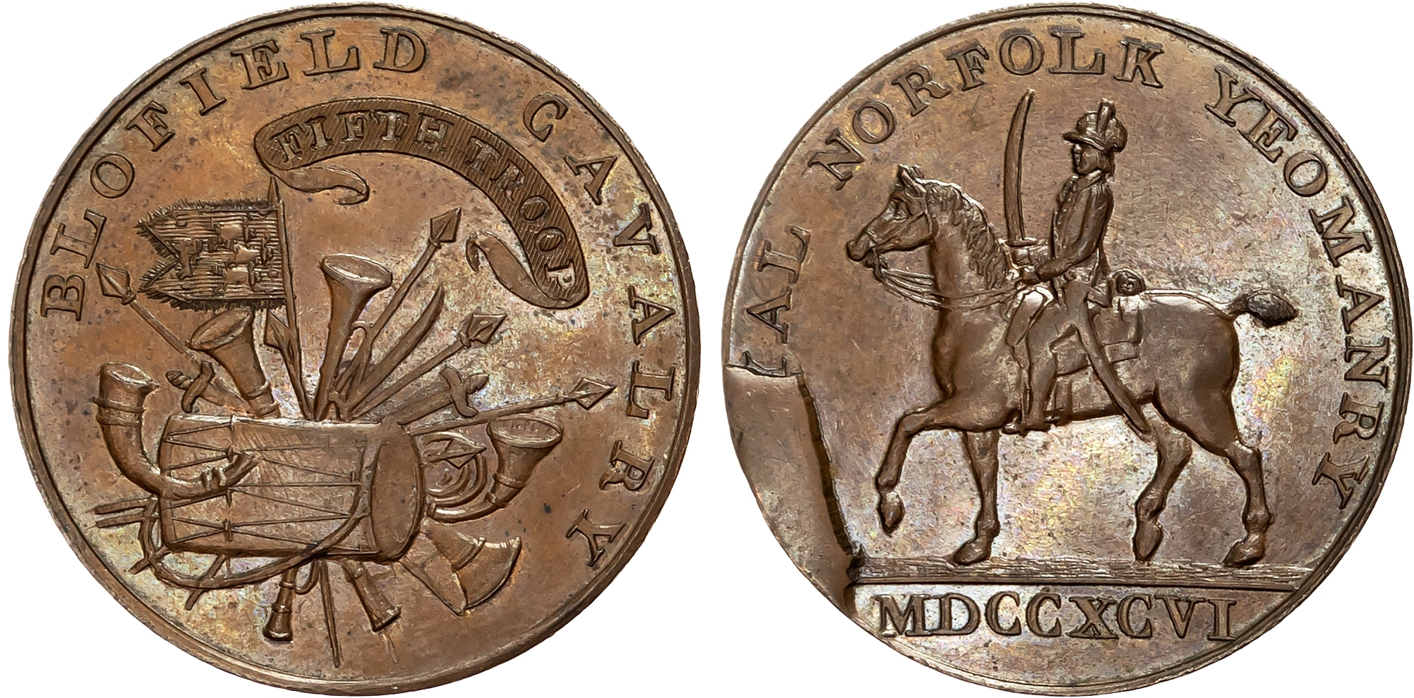 Norf . Blofield , Kempson’s Halfpenny for the Norfolk Yeomanry 1796, Mounted dragoon, rev. arms and musical instruments  …