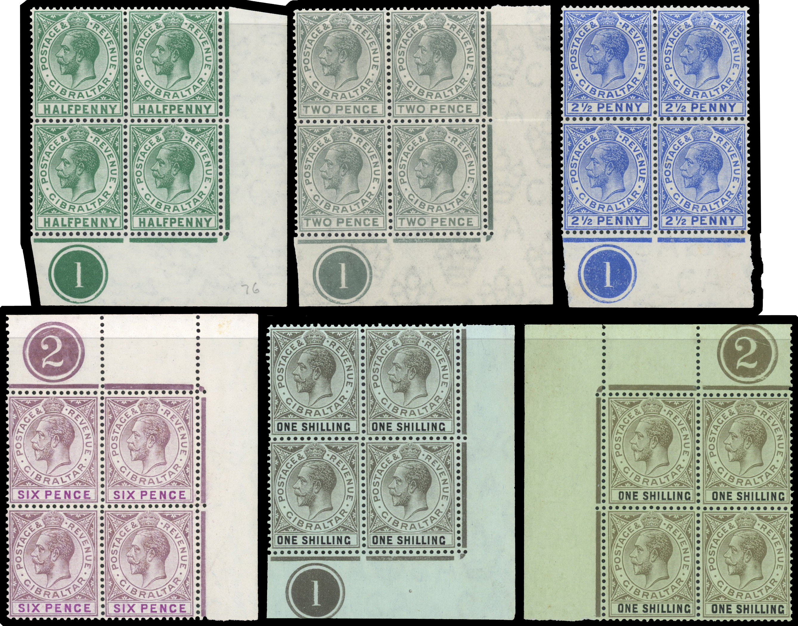 Gibraltar 1912-24 ½d to 1s plate block selection
