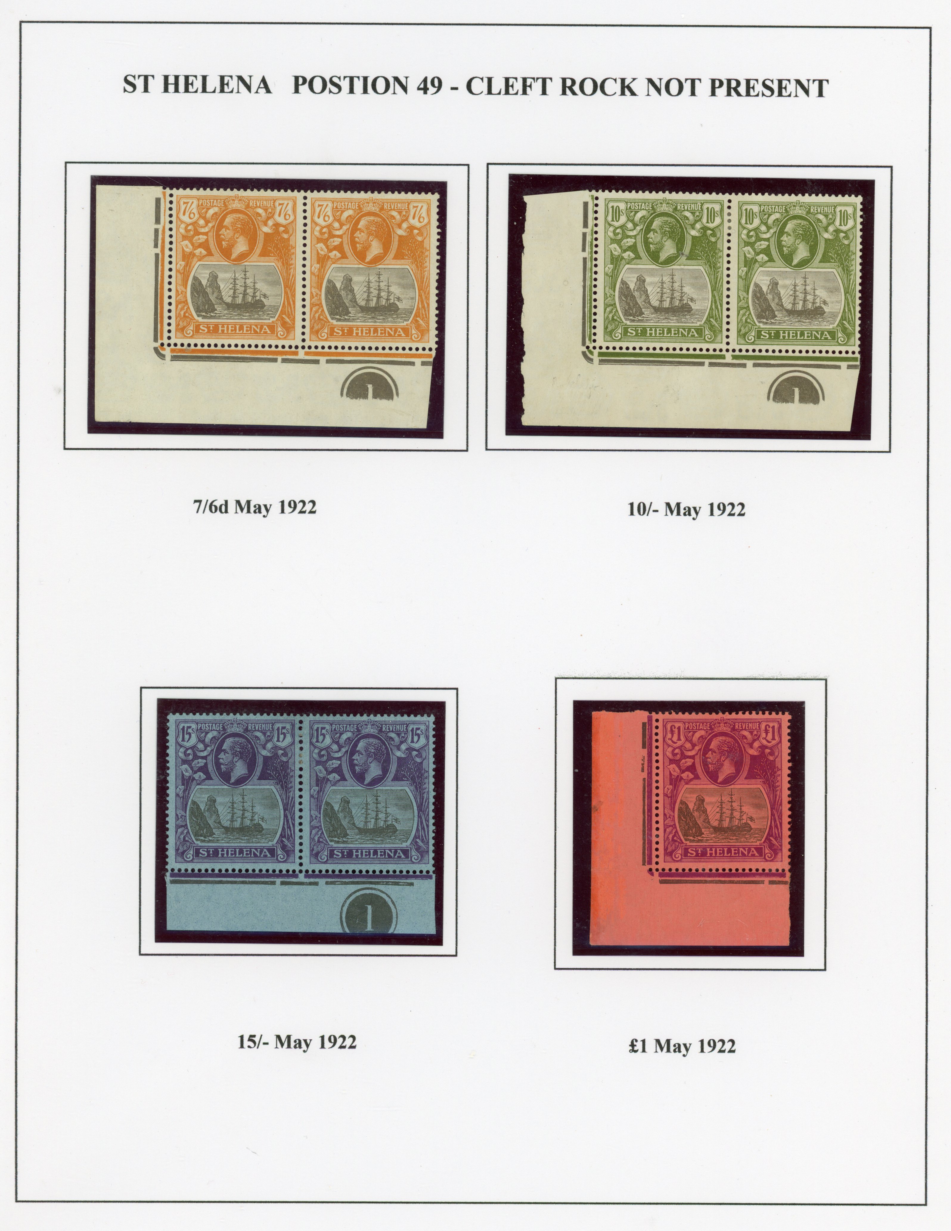 St Helena SG 93/113 group showing absence of R5/1 cleft rock mint