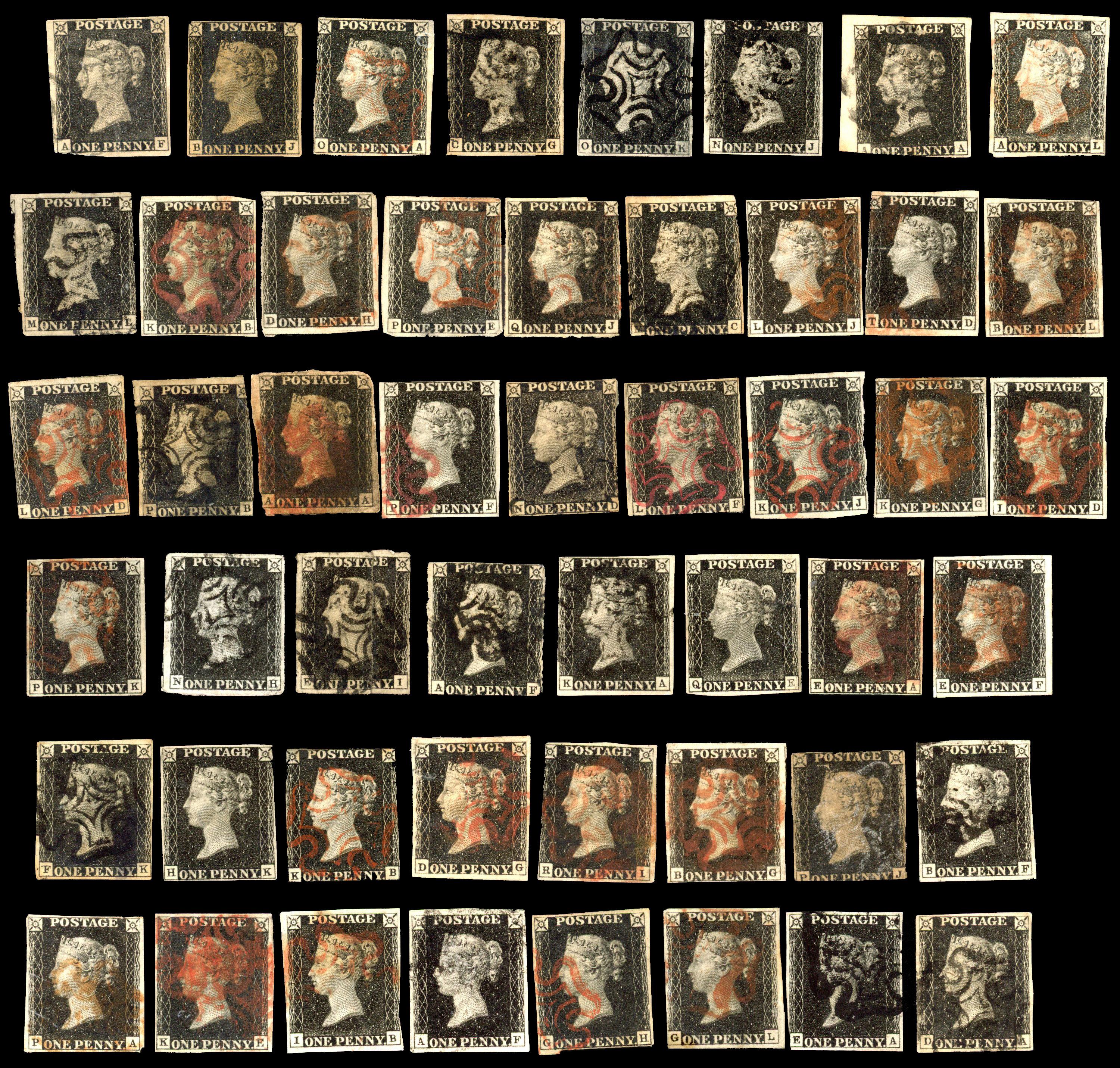 1840 1d black, fifty unplated stamps, arranged on stockcards with no to four margins, cancelled