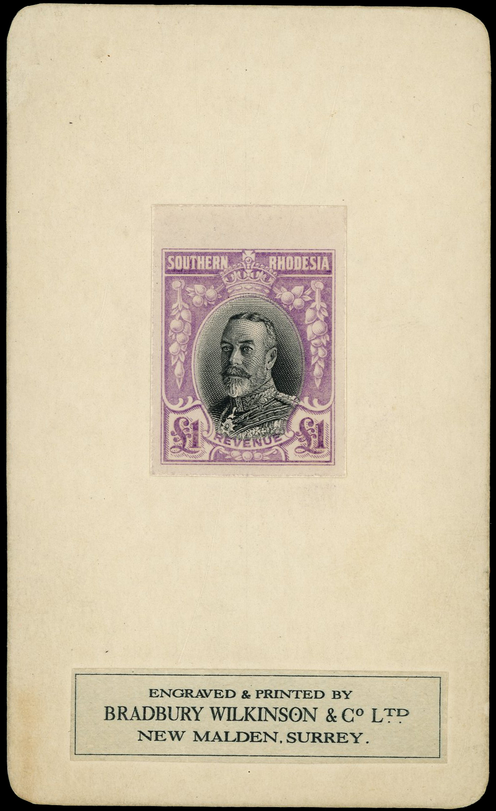 Southern Rhodesia Revenue 1930 £1 purple and black, imperforate colour trial 