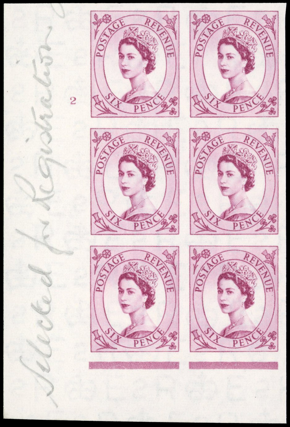 Great Britain 1955 6d Reddish-purple, Cylinder Block of Six, BPMA Imprimatur, SG 548