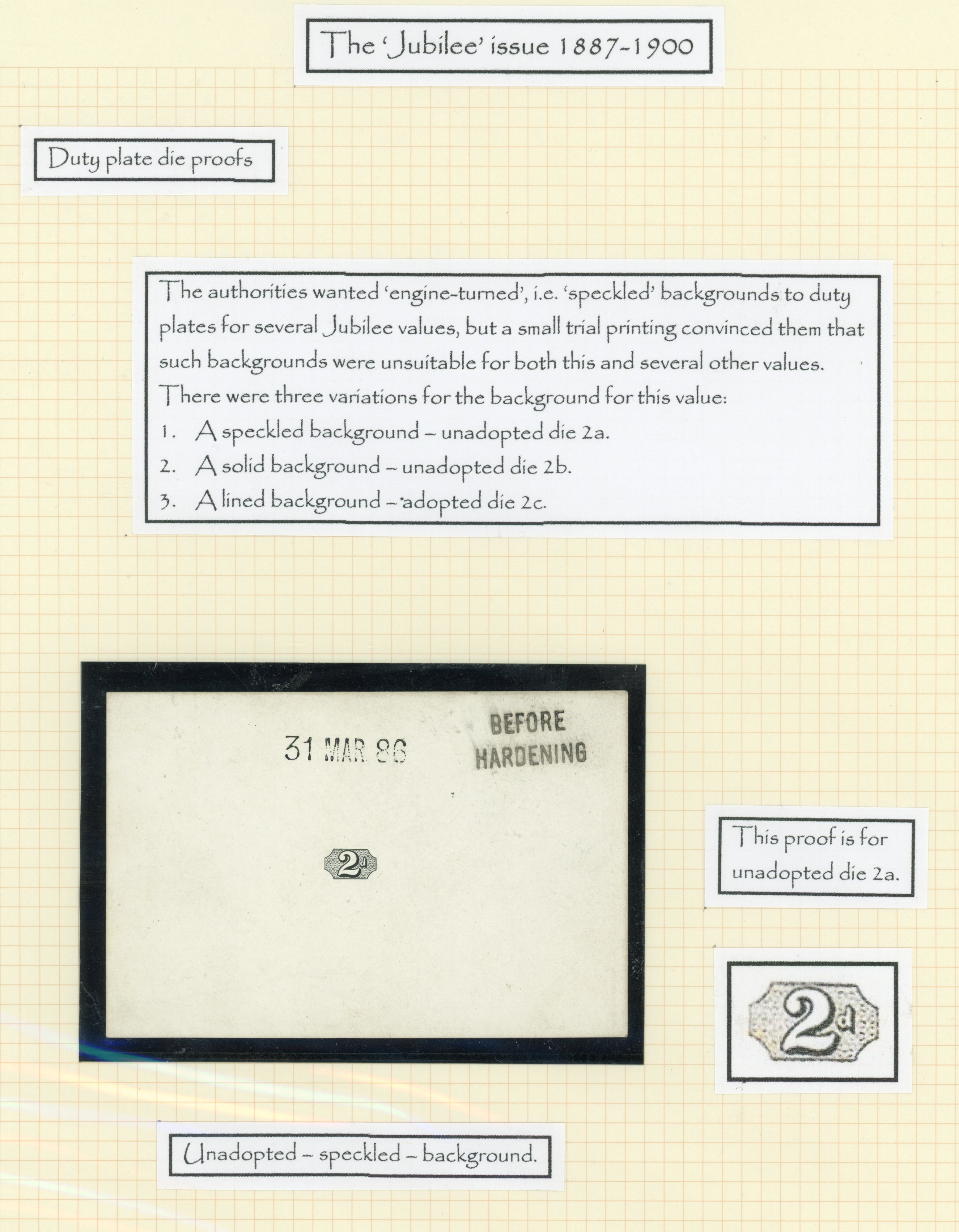 GB 1887-92 2d Duty Plate only die proofs (3) with unadopted designs. For SG 199