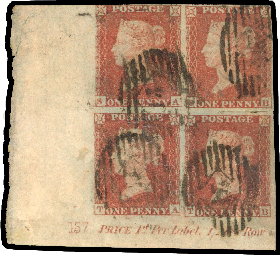 1841 1d Red-brown Pl.157. (Alphabet II). Used bottom left hand corner marginal block of four