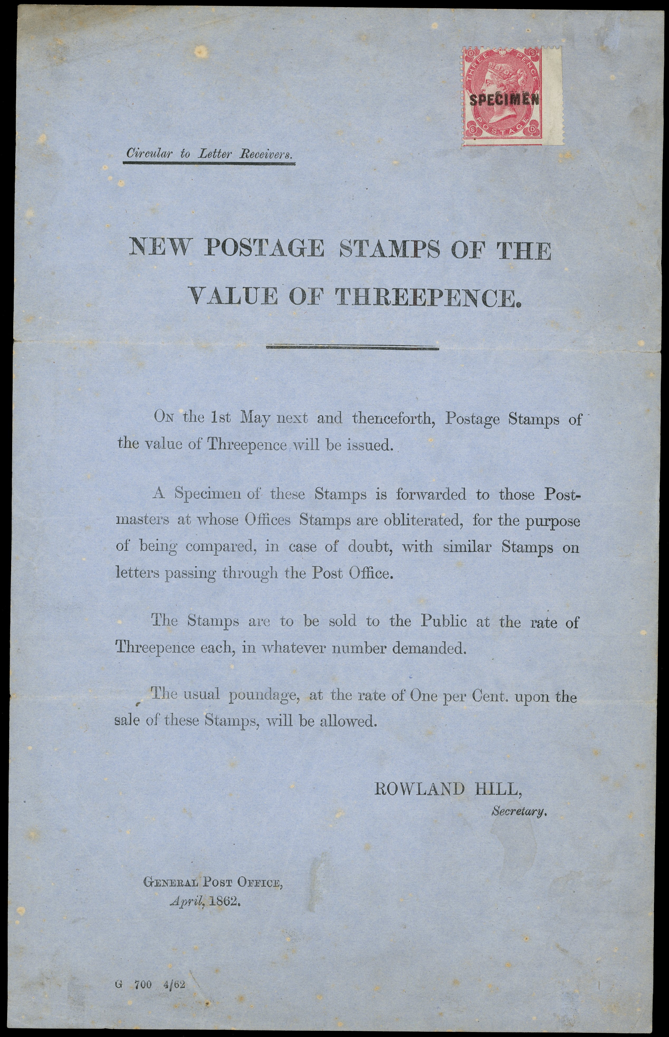 Great Britain 1862 Postal Notice for 3d rose 