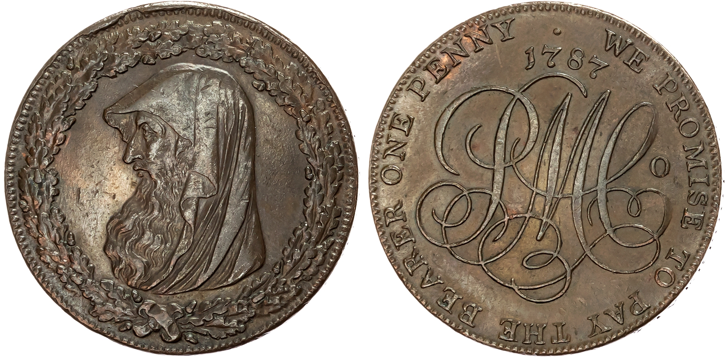 Ang. Amlwch, Parys Mines Co. Penny 1787, Cowled druid’s head within a thick oaken wreath with 3 inner leaves overhead, r …