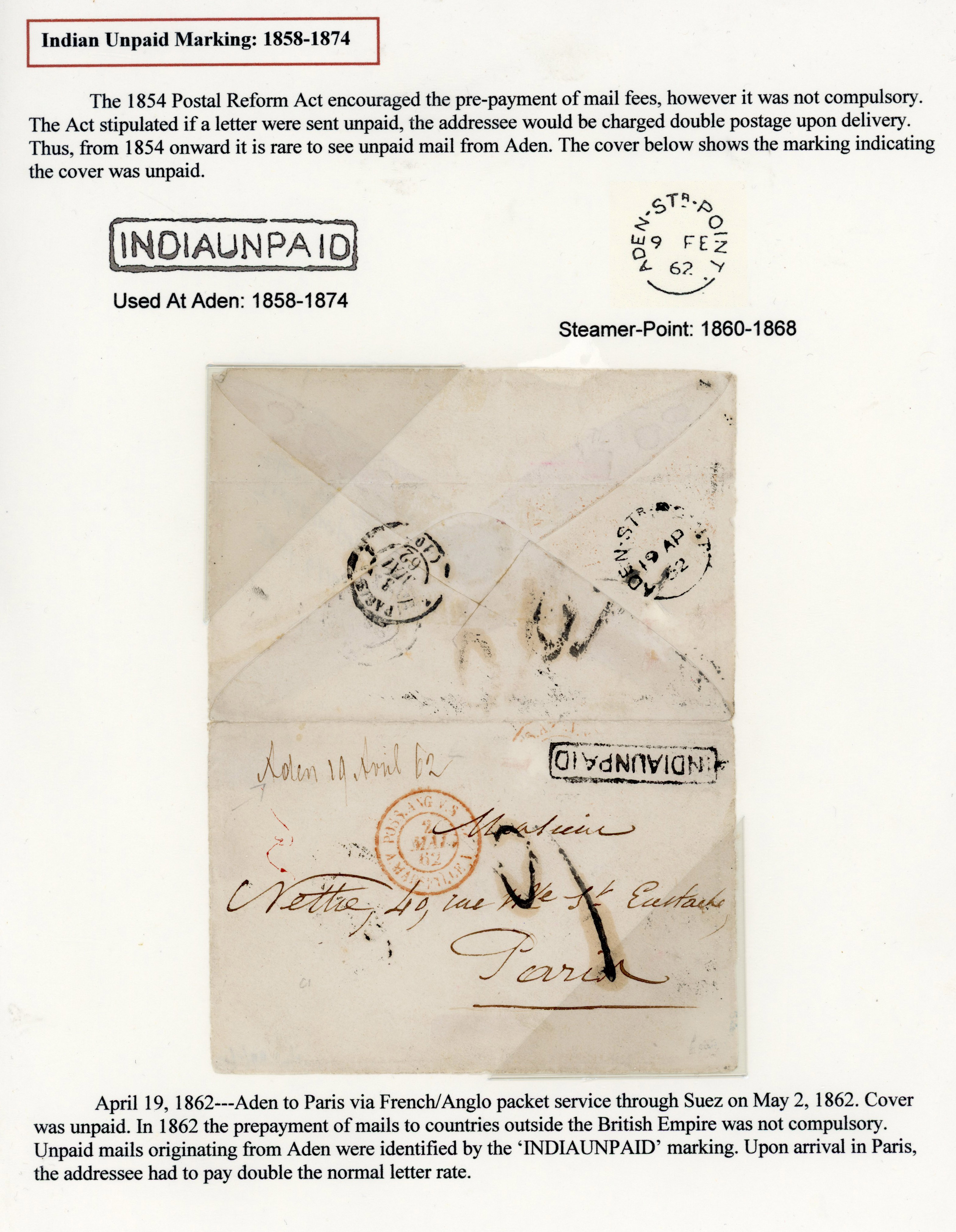 Aden 1862 stampless cover to Paris with 'INDIAUNPAID' boxed handstamp