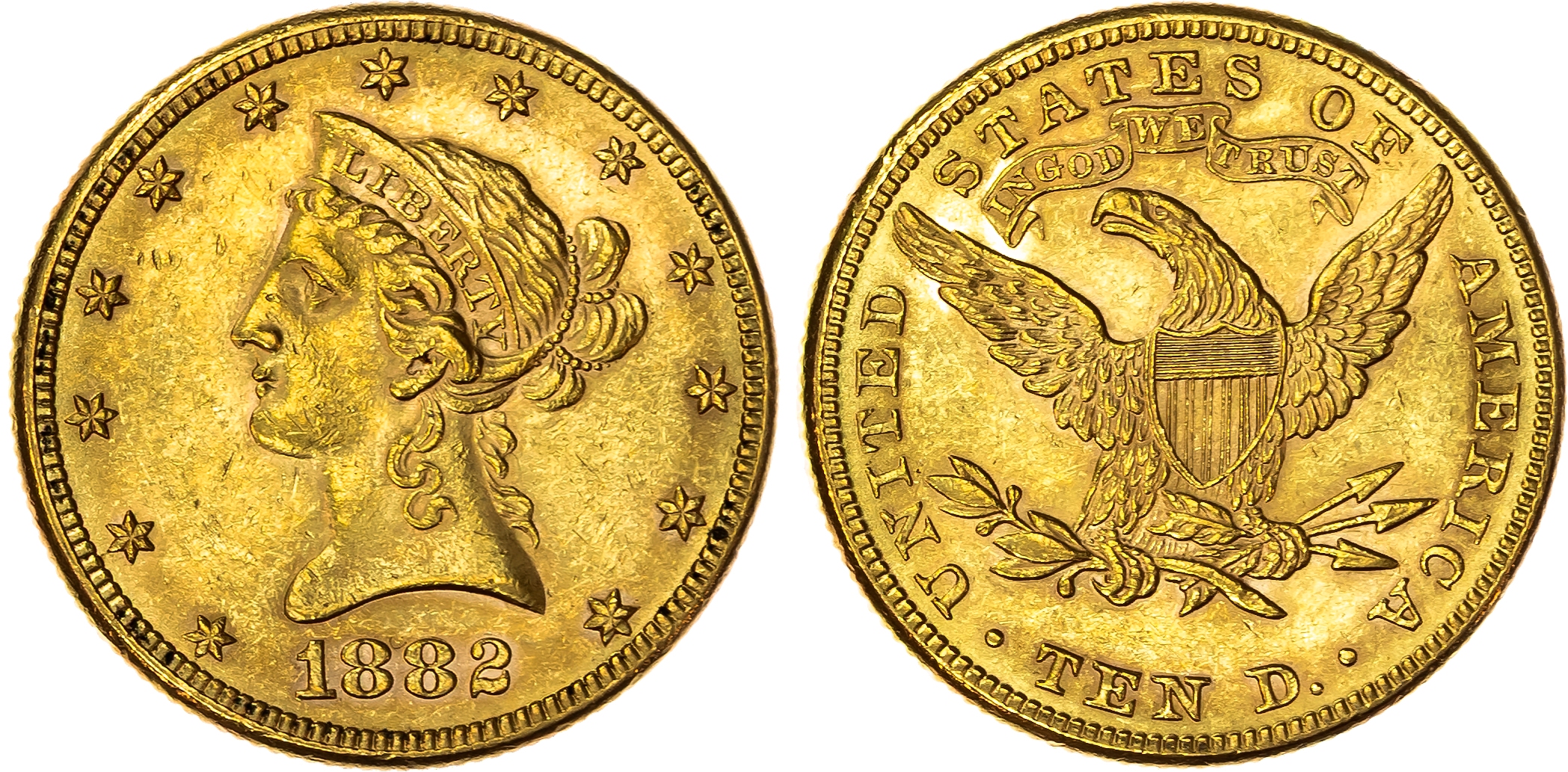 USA , Liberty Head Eagle, gold 10 Dollars, 1882, Philadelphia, 16.73g (Fr. 155). About Uncirculated.…