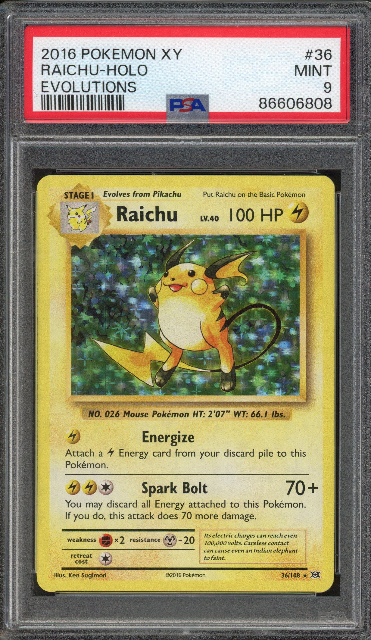 Pokémon TCG - PSA 9 Raichu Holo - Evolutions 2016  