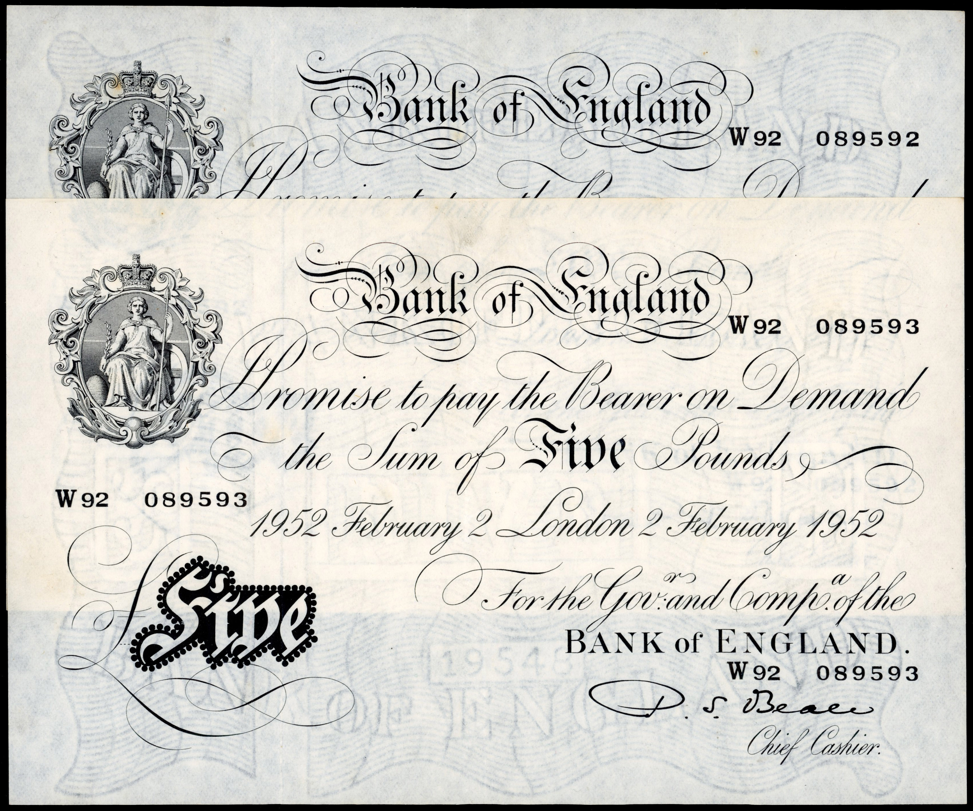 Bank of England, P S Beale, White Five Pounds, London, 2 Feb. 1952, W92 089592 and 089593, (Dugg. B270). Both …