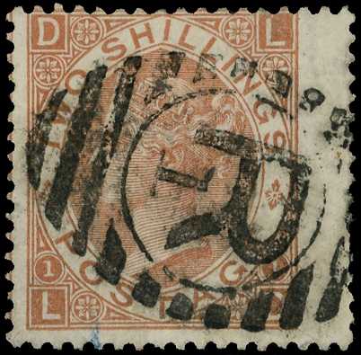 1880 2/- brown Plate 1 (LD) wing marginal,...