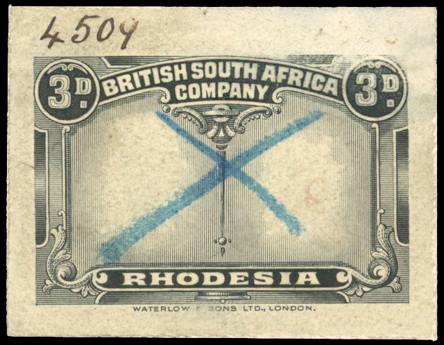 Rhodesia 1910-13 3d frame die proof in black