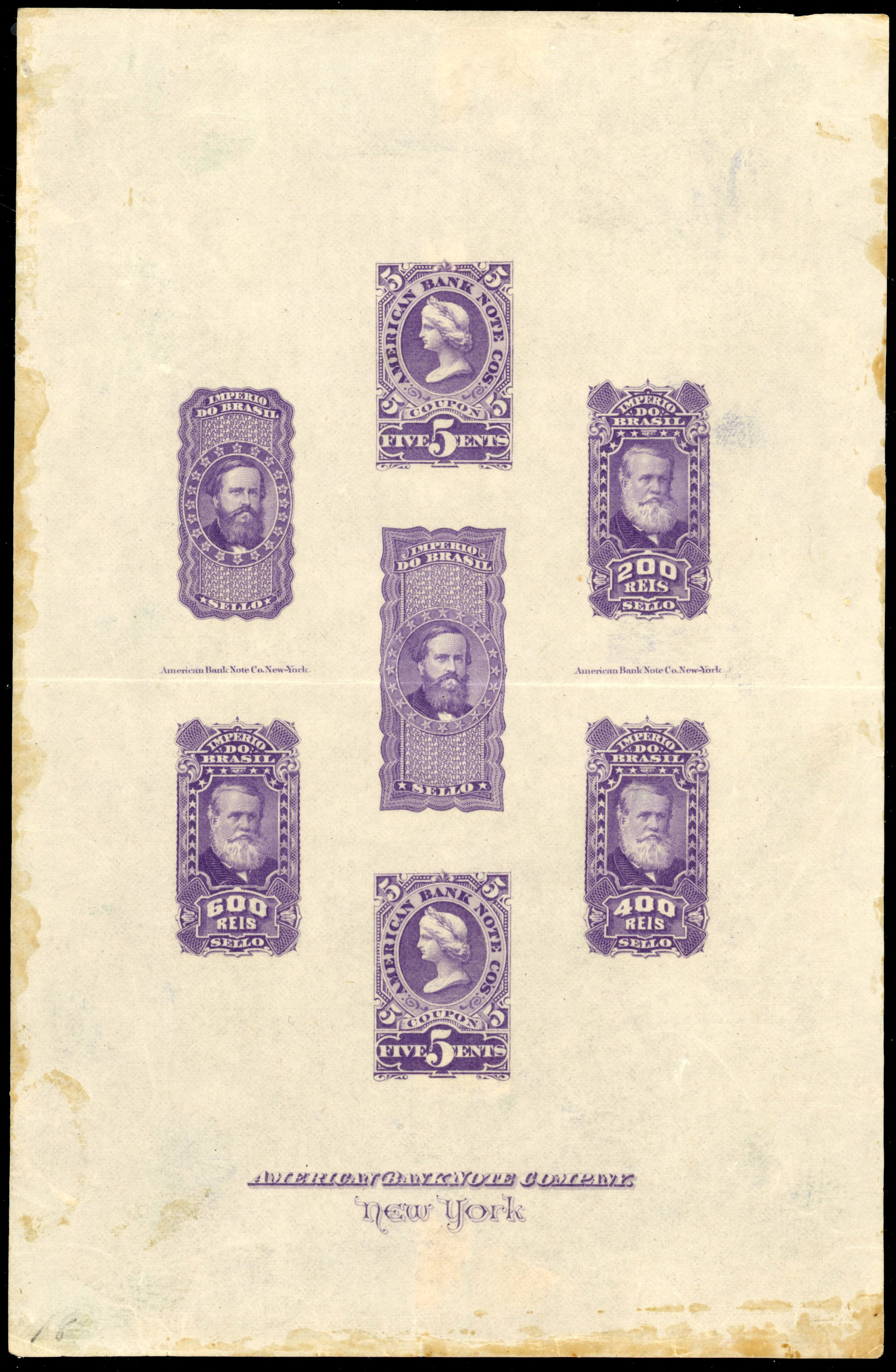 Brazil 1869 sample American Bank Note Co. sample proof sheet in lilac