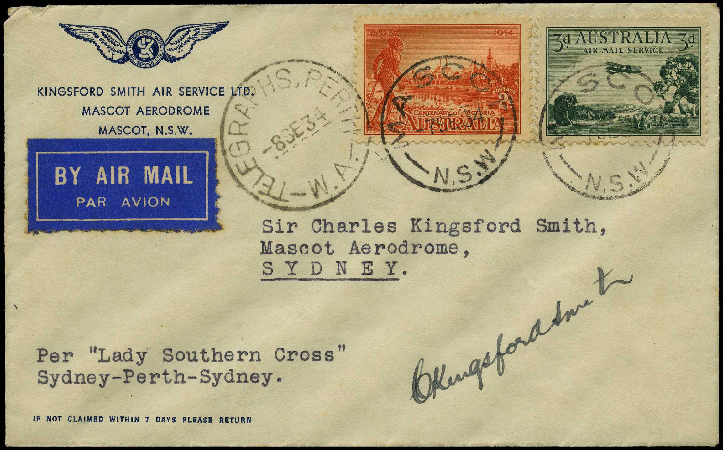 AUSTRALIAN FLIGHT COVERS: 1934 Sydney to...