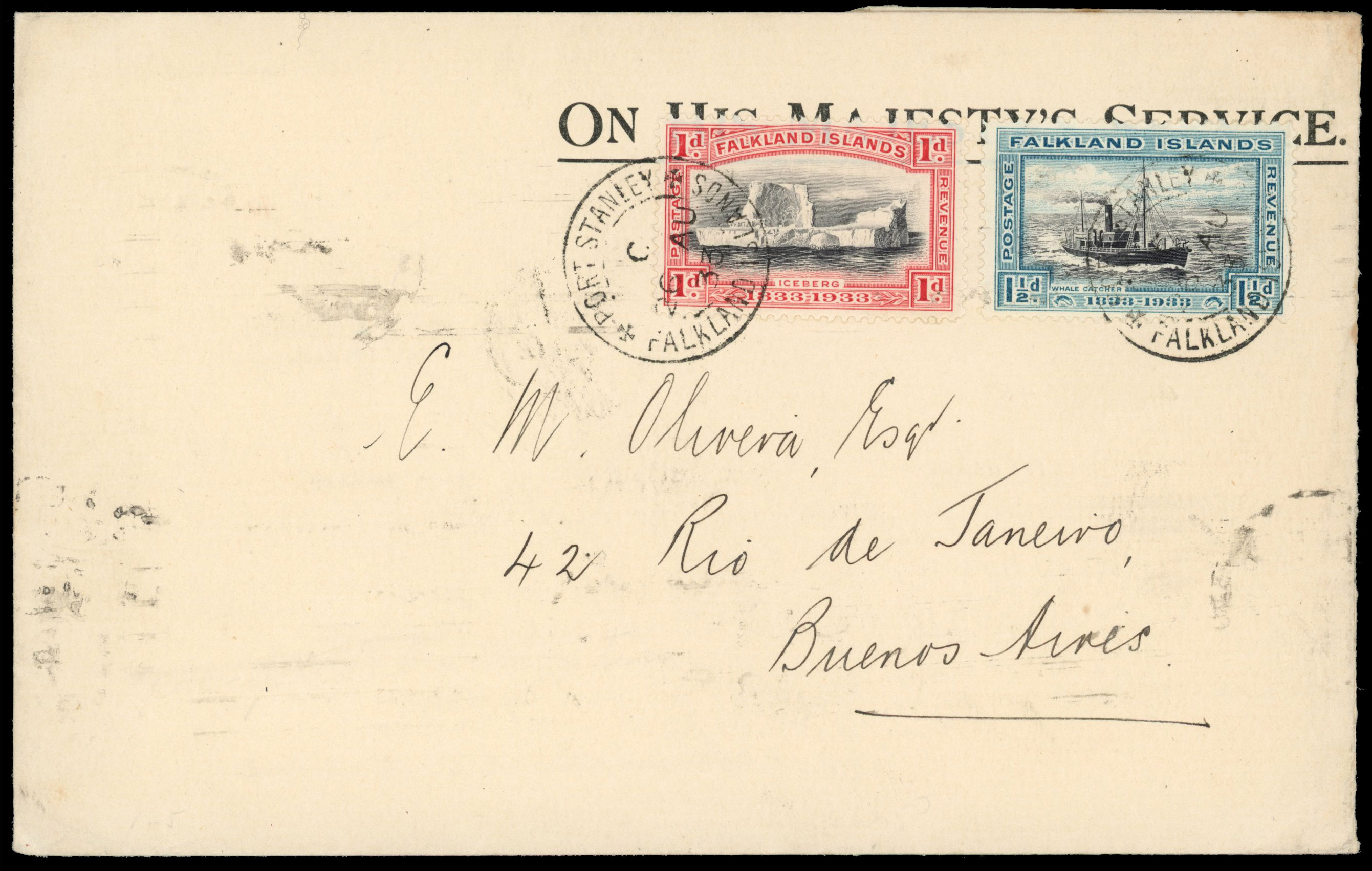 Falkland Is SG 128-9 1933 OHMS envelope to Buenos Aires with Centenary 1d and 1½d