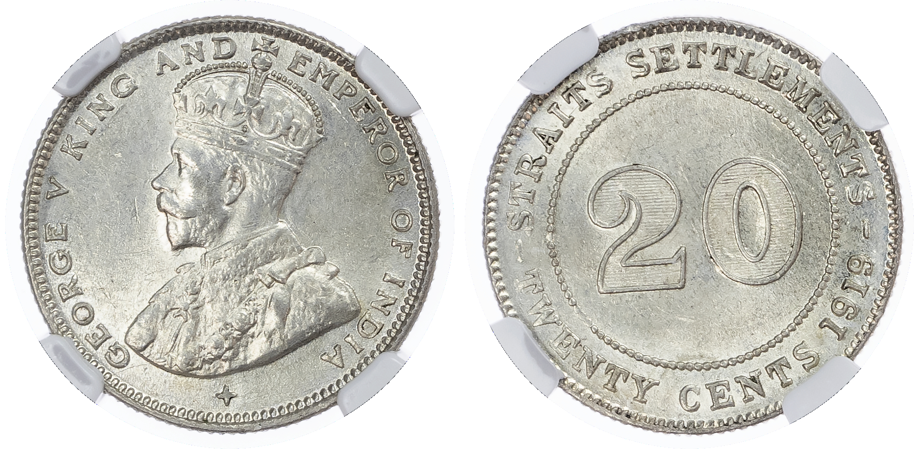 Straits Settlements, British Malaysia. George V AR 20 Cents. 1919B.