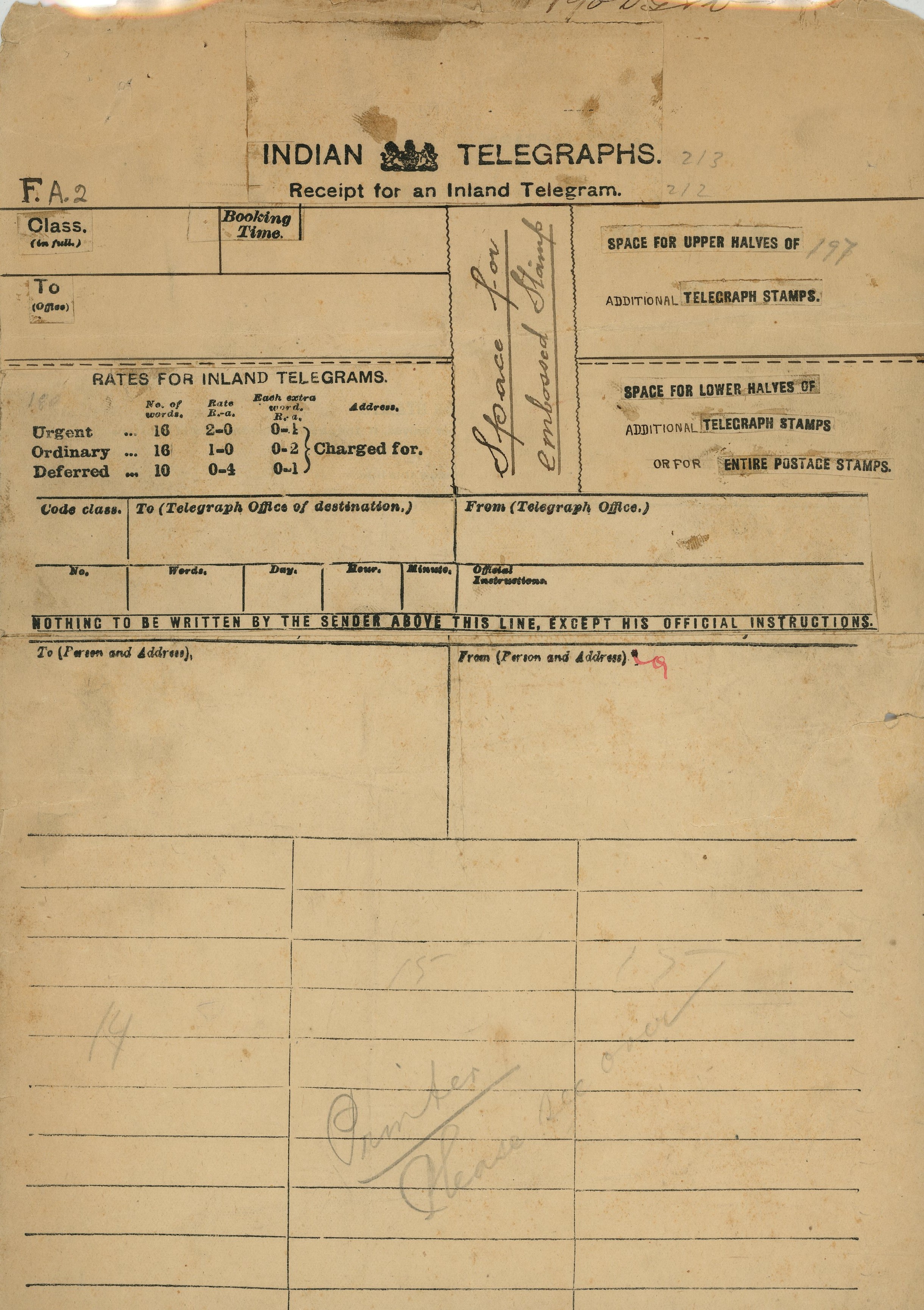 India 1908 KEVII telegraph form essays x2