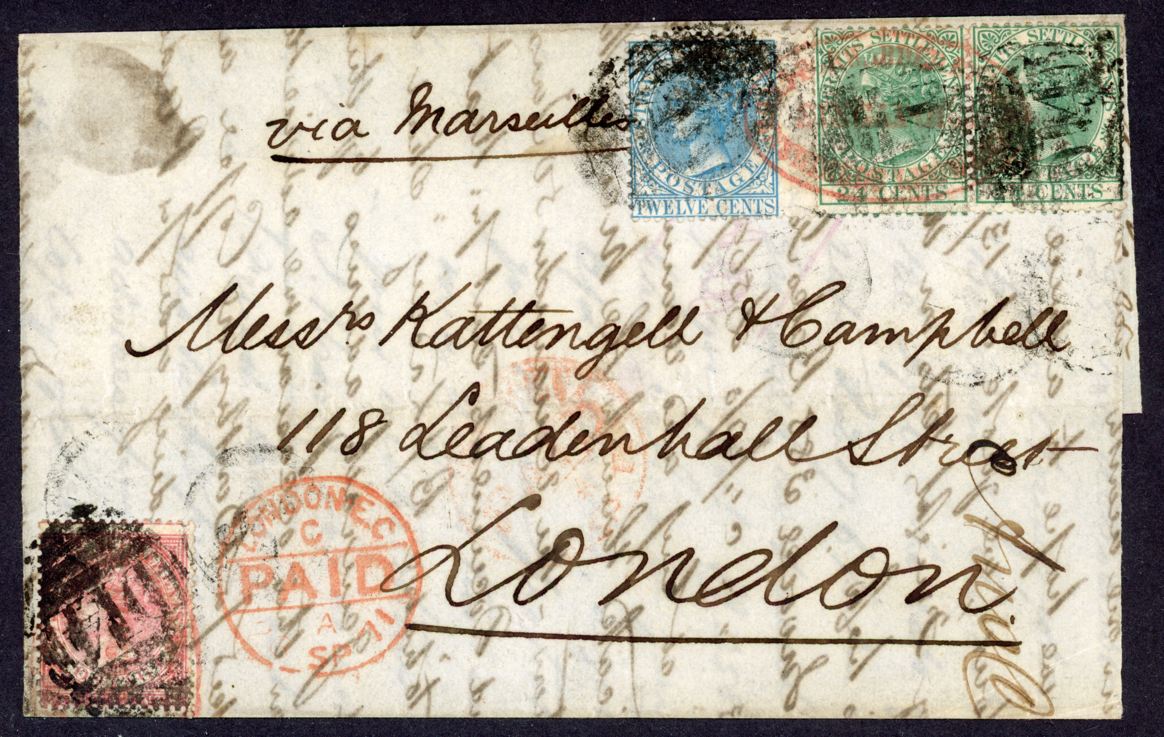 Straits Settlements SG 12, 15, 16 1871 entire to London at 40c rate