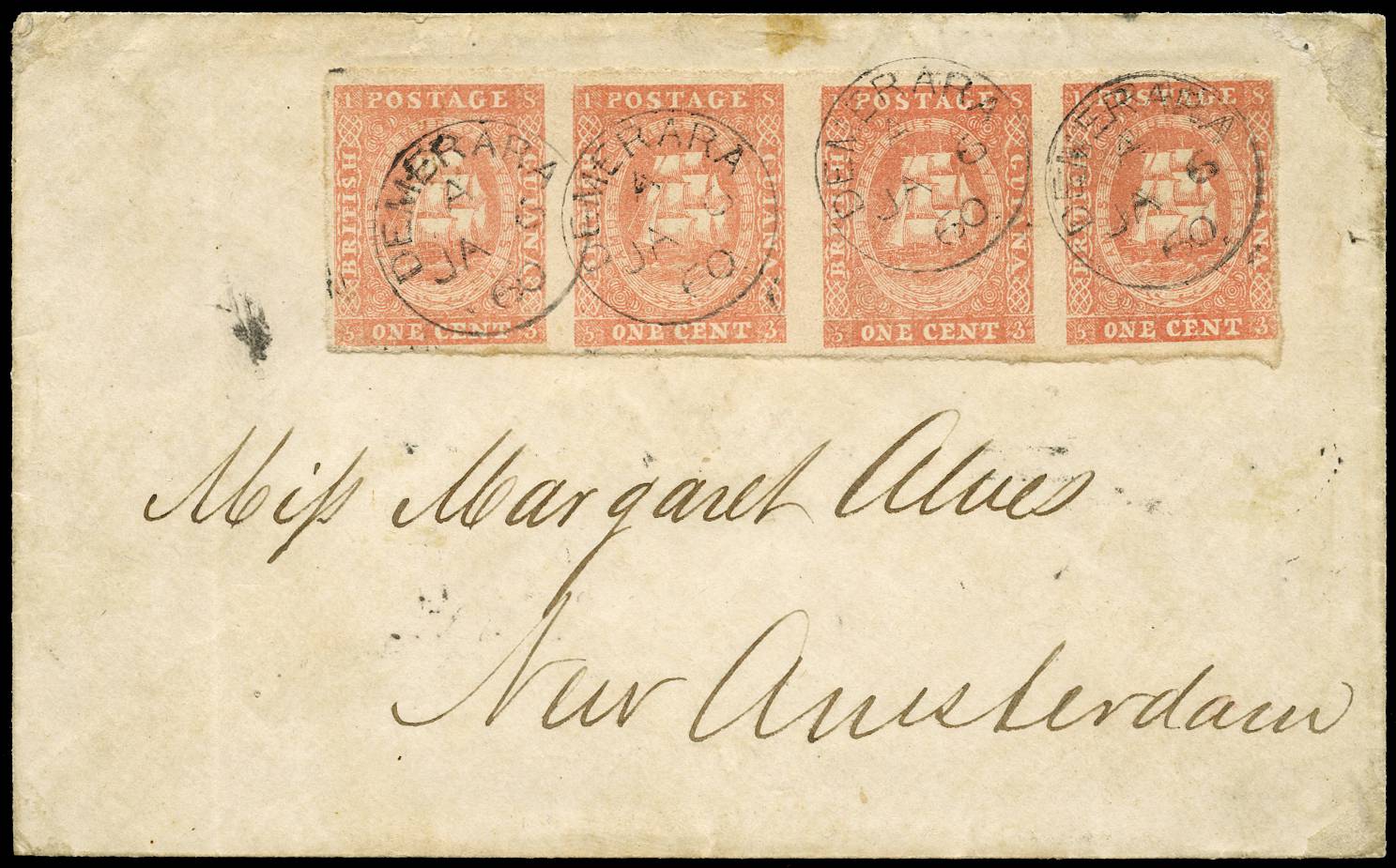 BRITISH  GUIANA SG 14 1860 (JA 6) cover from Demerara to New Amsterdam, with 1857-59  1c dull red (type B) horiz strip of 4