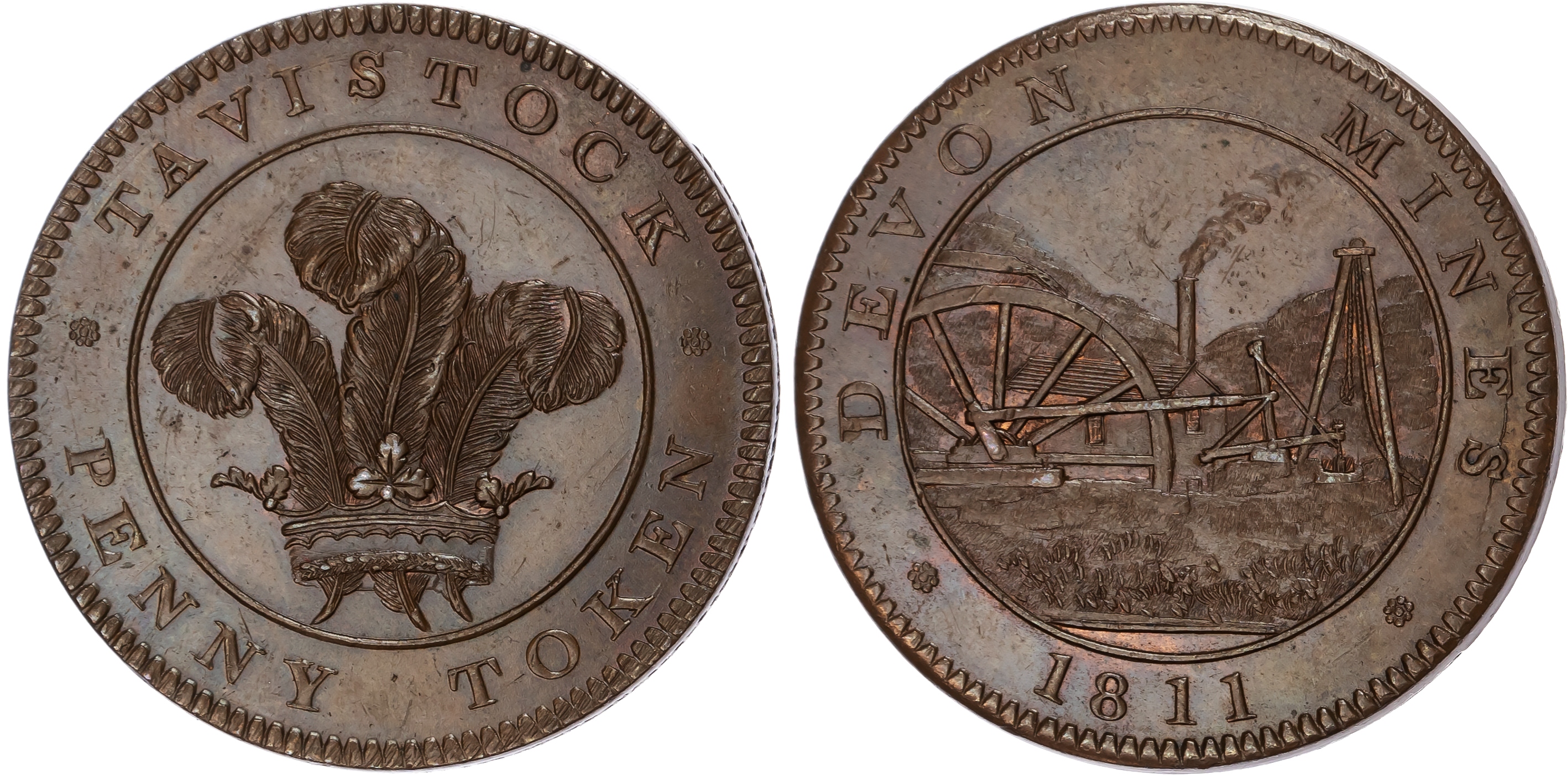 TAVISTOCK , Dev. Devon Mines Penny 1811, Prince of Wales plumes, rev. View of mining engine and wheel, smoke t…