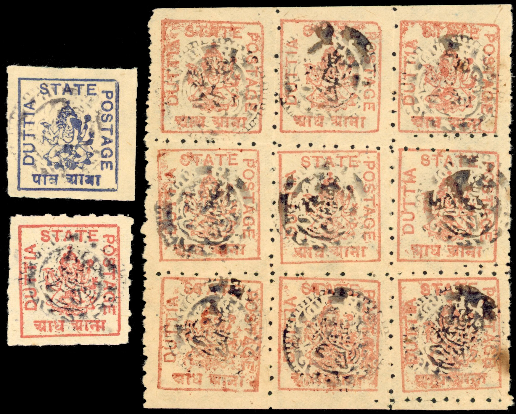 I.F.S. Duttia SG 38d, 39c and 40a handstamps in black unused