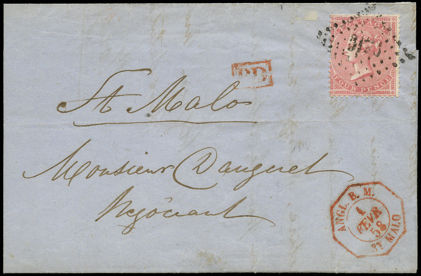 SG66a 1858 Cover Jersey to St. Malo