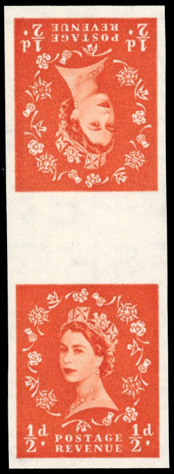 Great Britain 1953 ½d Orange-red, Vertical Tête-bêche Gutter Pair, BPMA Imprimatur, SG 515