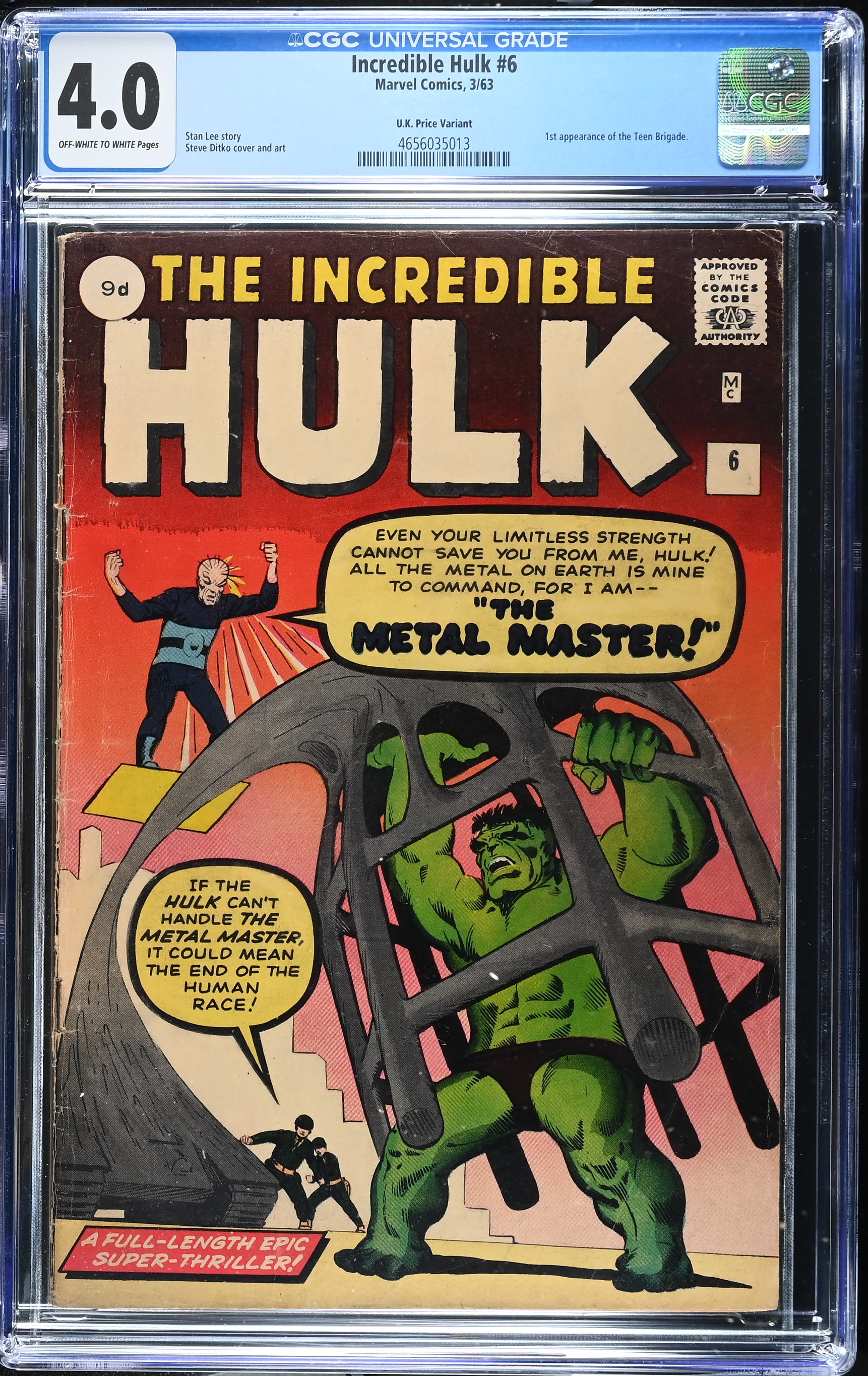 Incredible Hulk #6 CGC 4.0 U.K Edition 1st Appearance of Teen Brigade (Marvel Comics, 1963) Off-White to White Pages