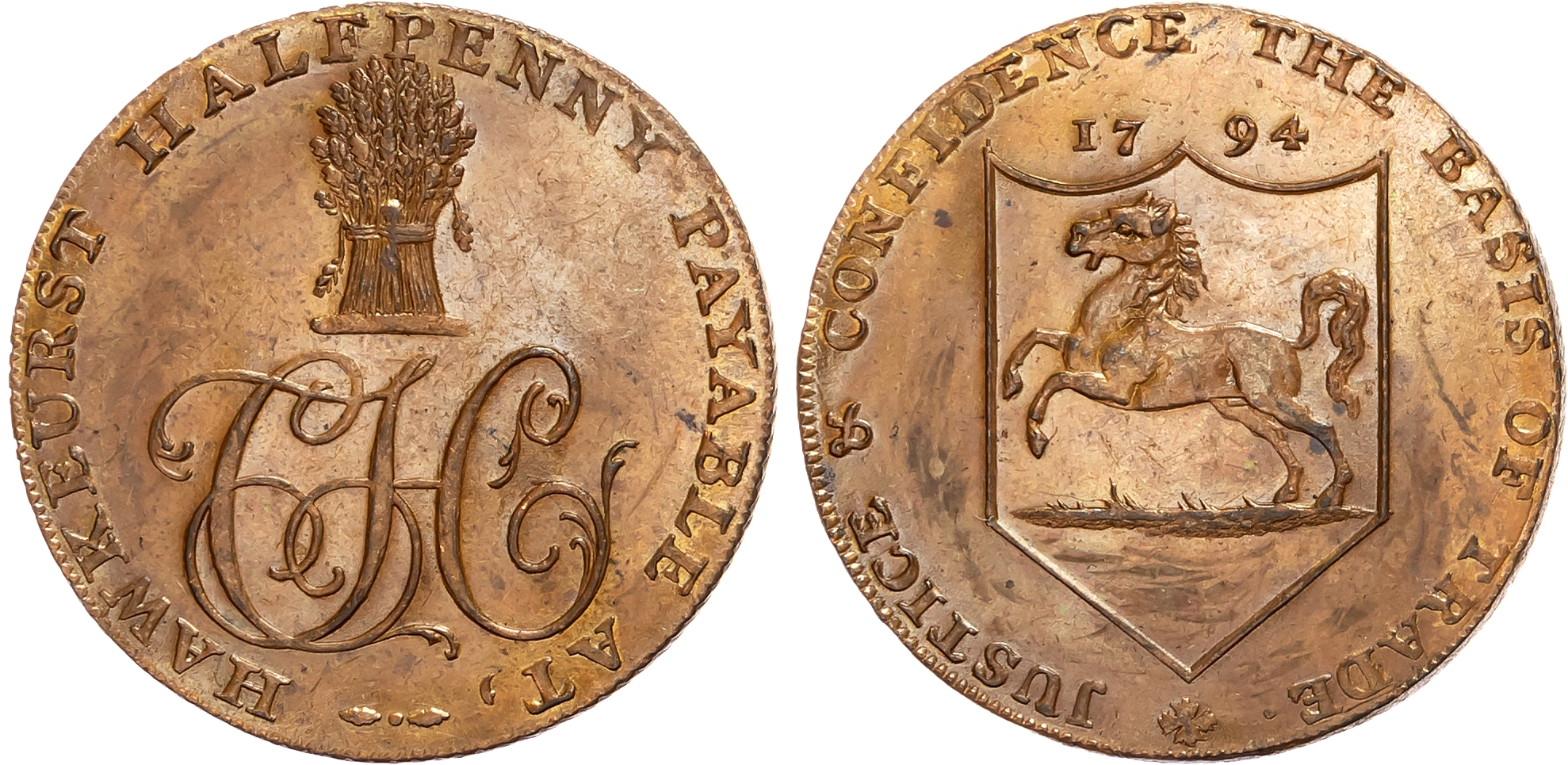 Kent. Hawkhurst, Charles Hider (grocer) Halfpenny 1794. Prancing horse of Kent arms, rev. Wheatsheaf over CH cypher, ed …