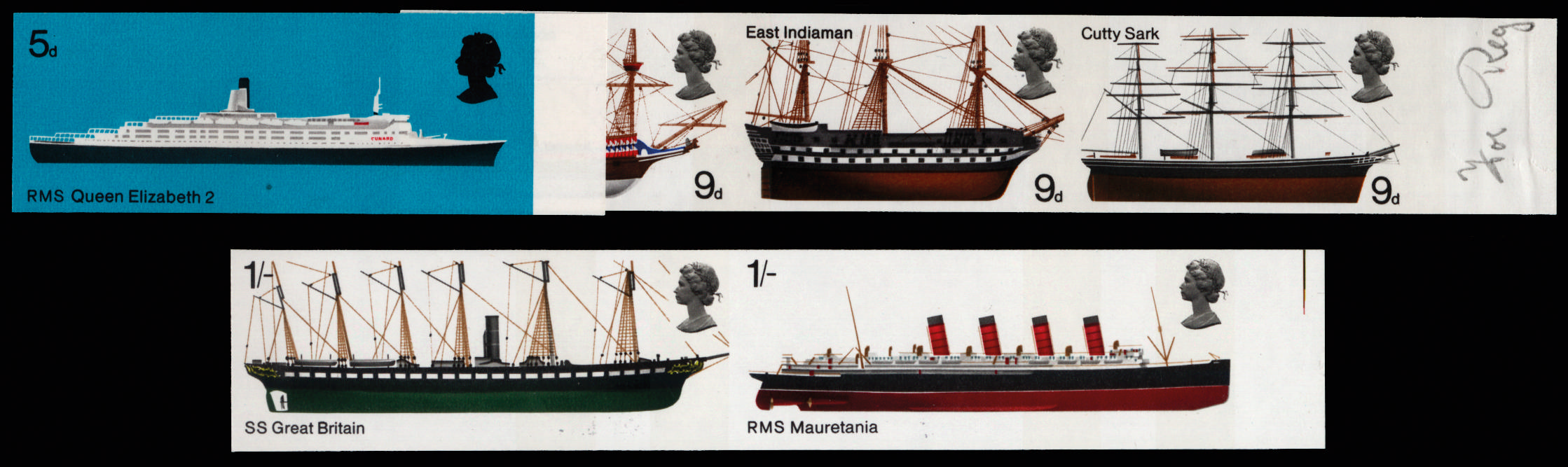 GB 1969 5d-1s British Ships. Superb unmounted o.g. right hand marginal set of six imperforate imprimatu… SG778/83ar