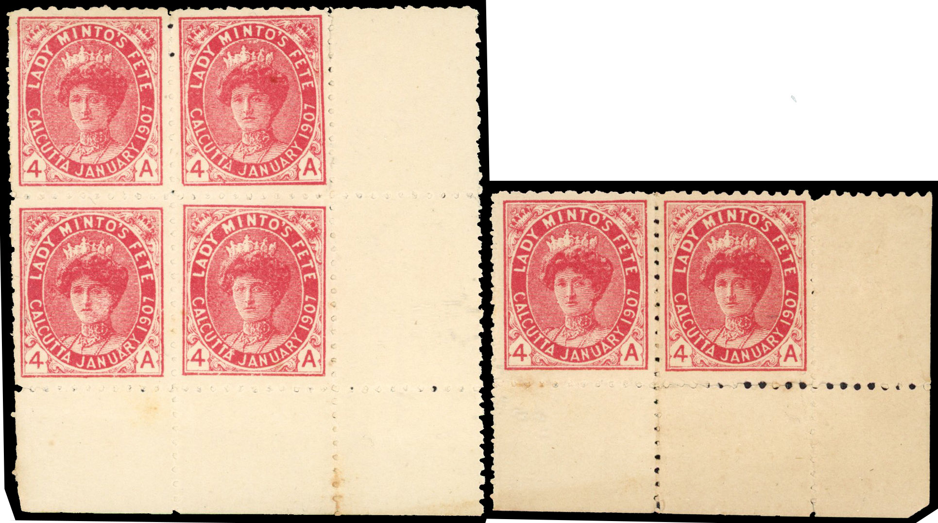 India Cinderella Lady Minto fete 4a red in block of four & pair 