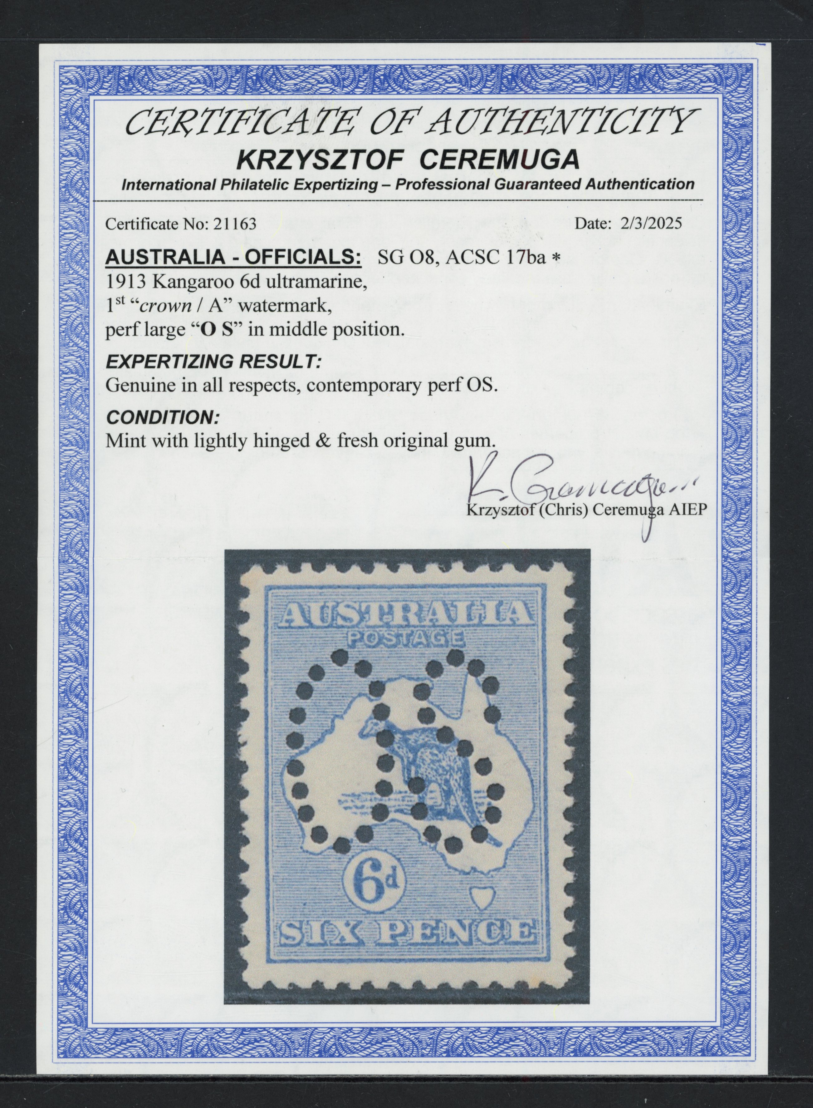 Australia 1913 official 6d ultramarine