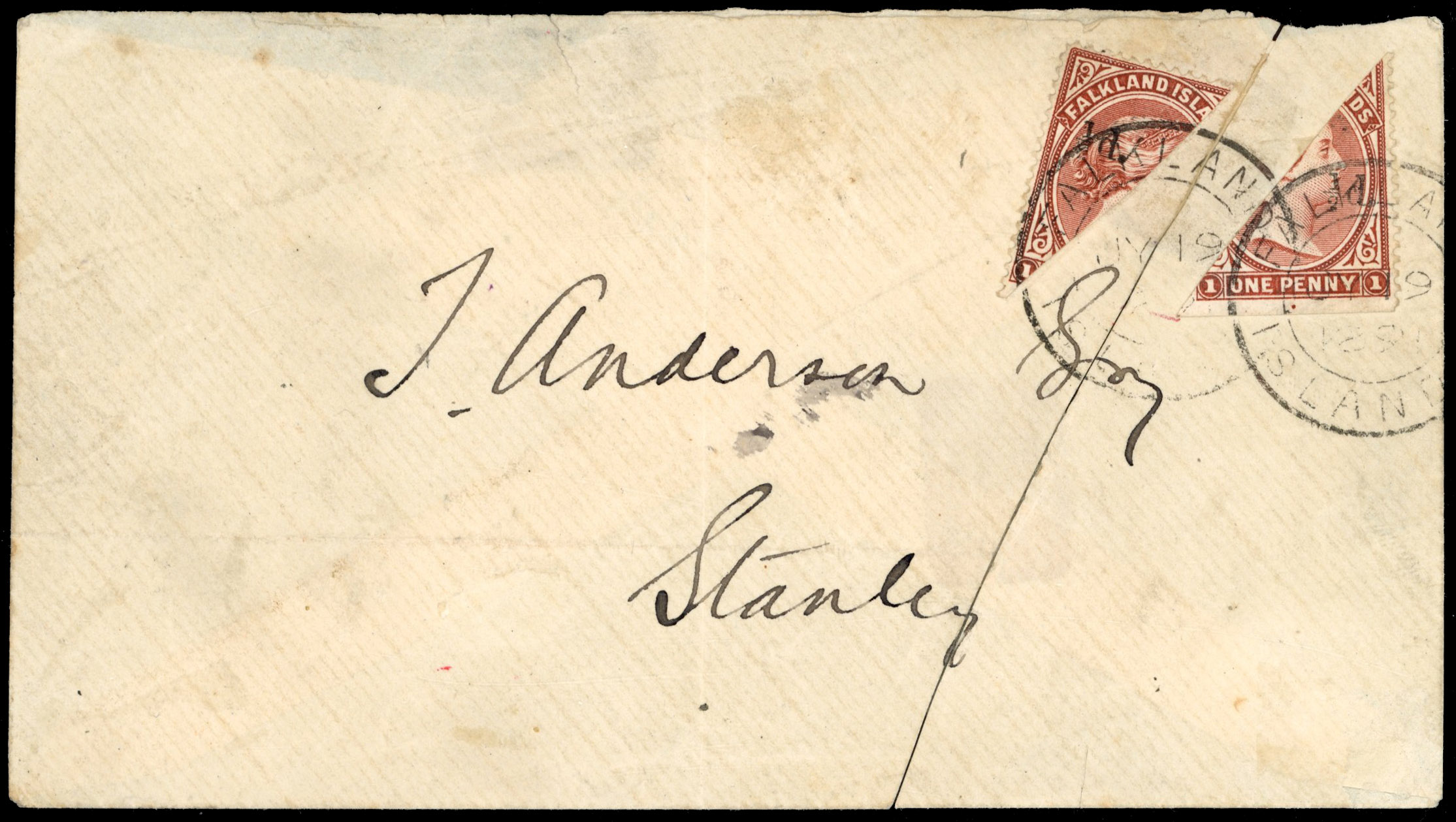 † Falkland Islands SG 14 1891 cover with two ½d bisects