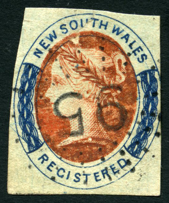 New South Wales used in Queensland. 1856 (6d) orange and indigo, used with neat '95' numeral cancel of Brisbane, just cut...