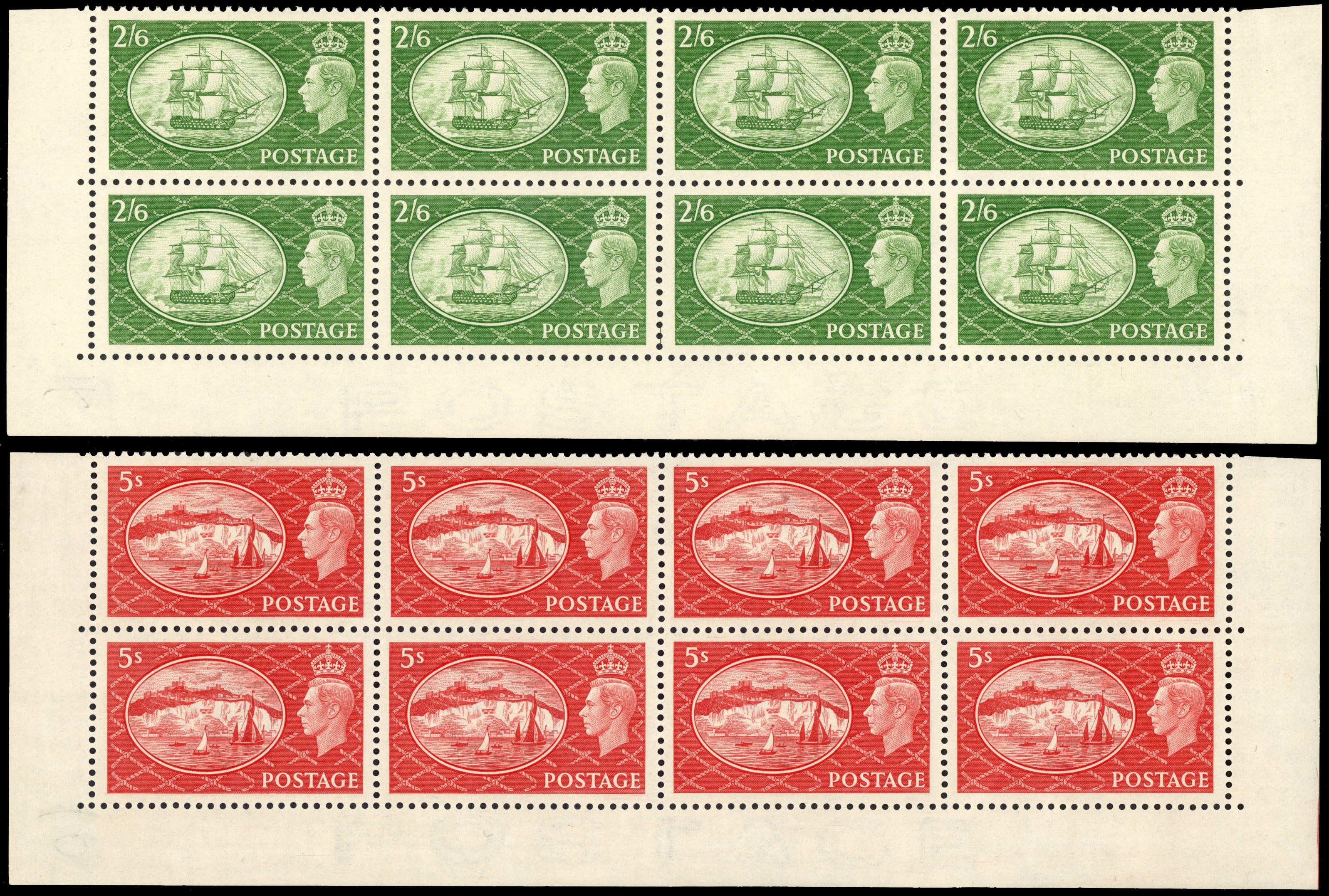 GB: 1951 Festival 2s6d to £1, mint unmounted og in lower marginal blocks of eight.