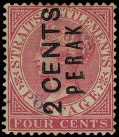 1883 2c on 4c rose surcharged PERAK 2 CENTS Type 12, unused without gum. Thinned on reverse. An extremely rare stamp,...