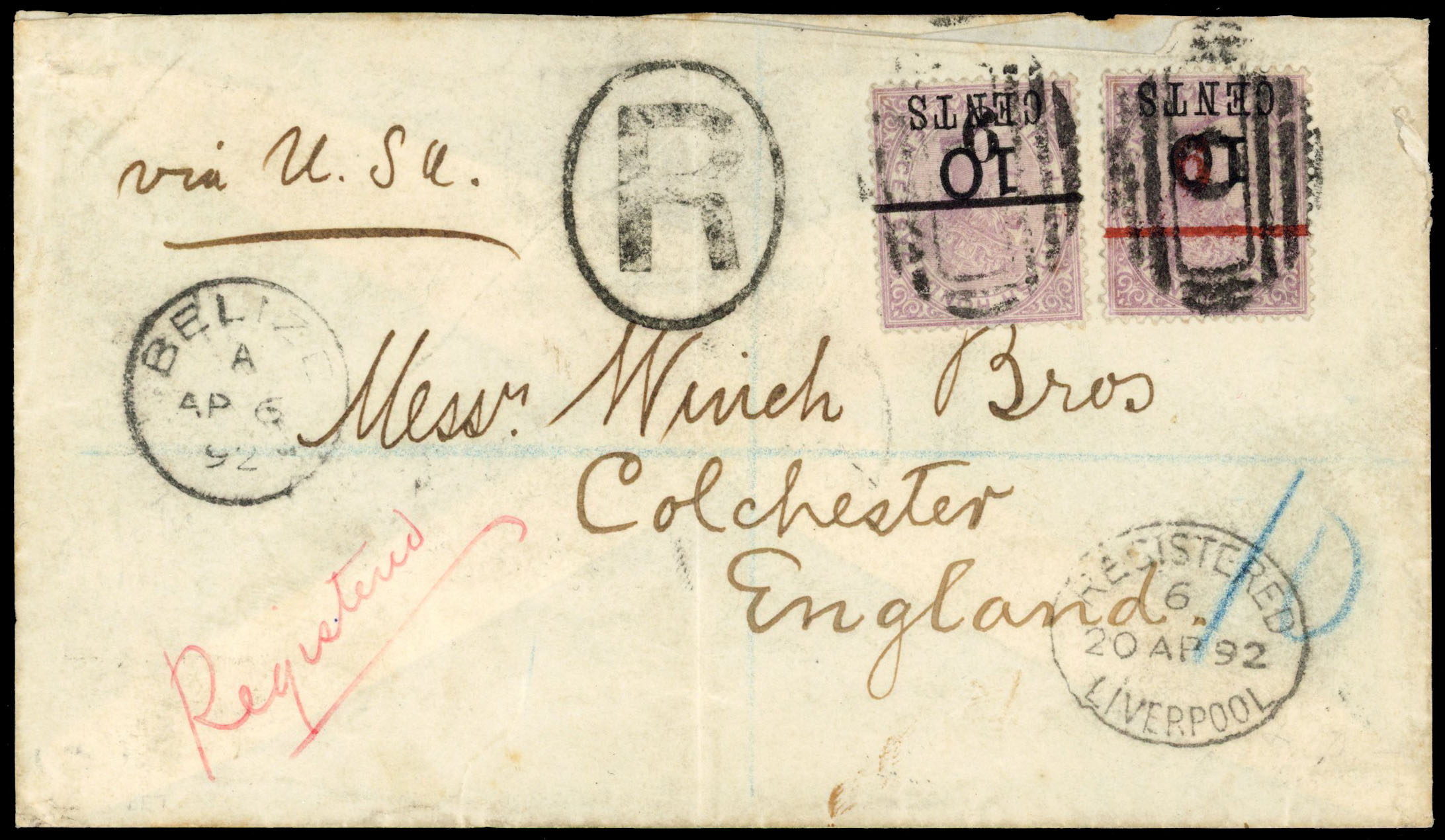 British Honduras cover to England SG 43a & 44a 