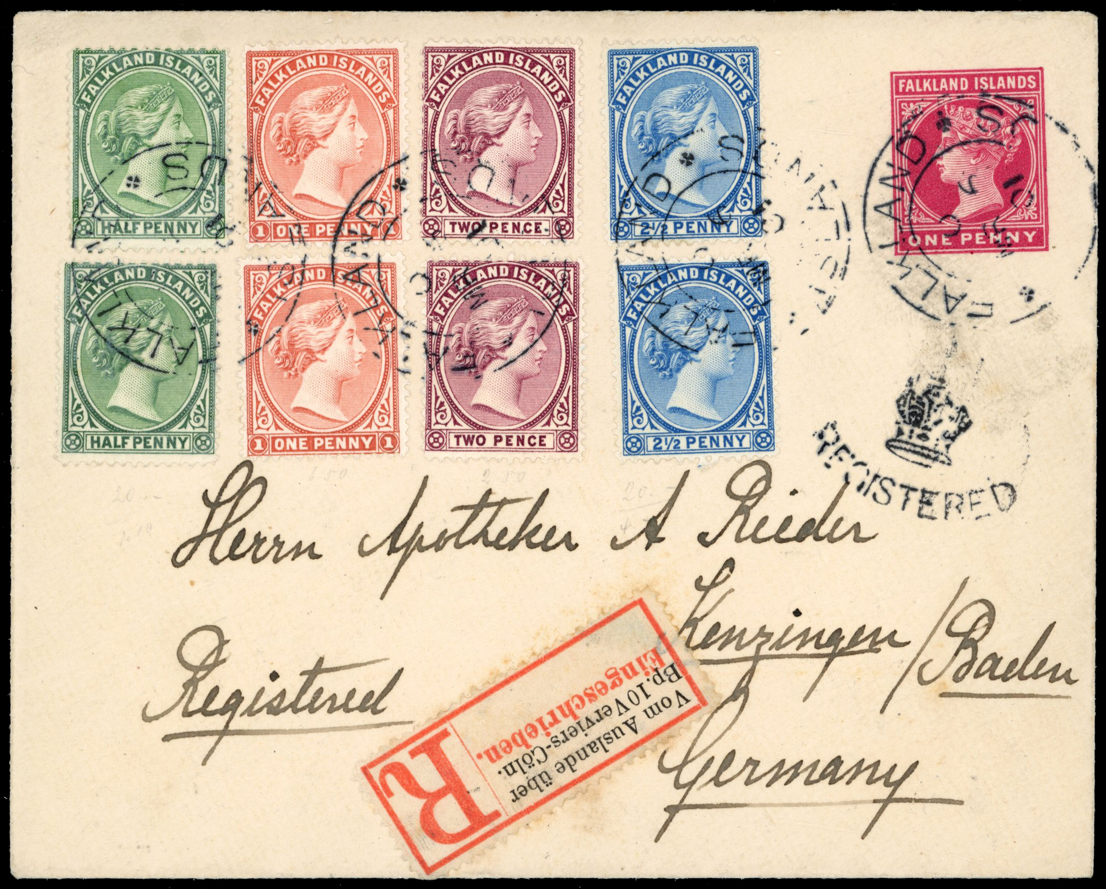 † Falkland Islands 1901 registered postal stationery envelope to Germany