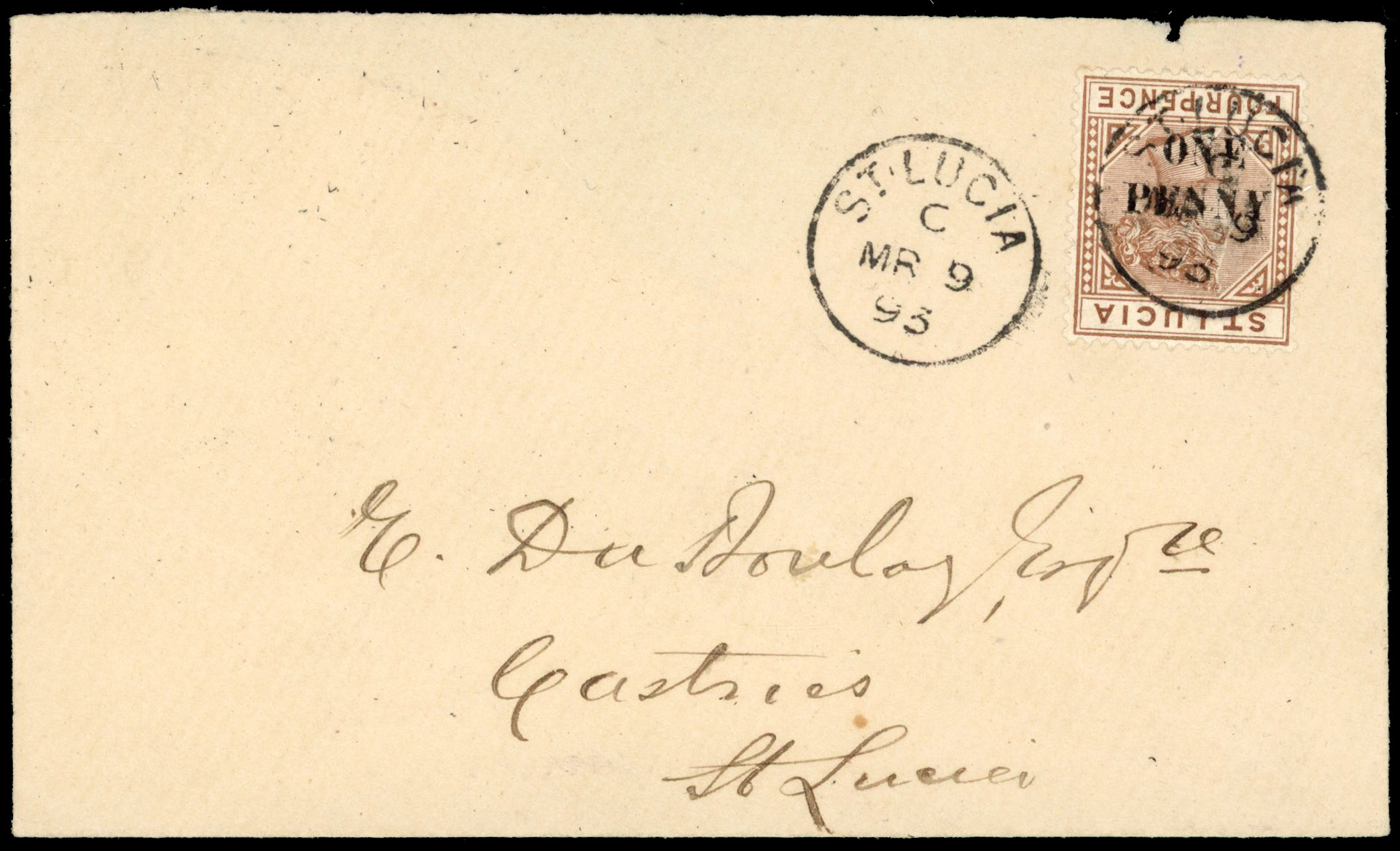 St Lucia 1893 cover franked by 1891-92 1d on 4d brown with error SURCHARGE INVERTED SG 55b